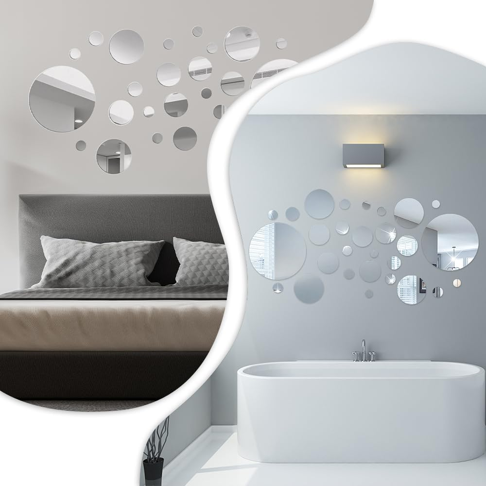 32 Pcs Acrylic Mirror Wall Stickers, Removable Wall Decal Mirror Set, Bathroom Wall Sticker Art, Circle Ceiling Mirrors for Bedroom, Home, Living Room, Sofa TV Background Decor (Medium) - Large image number 5