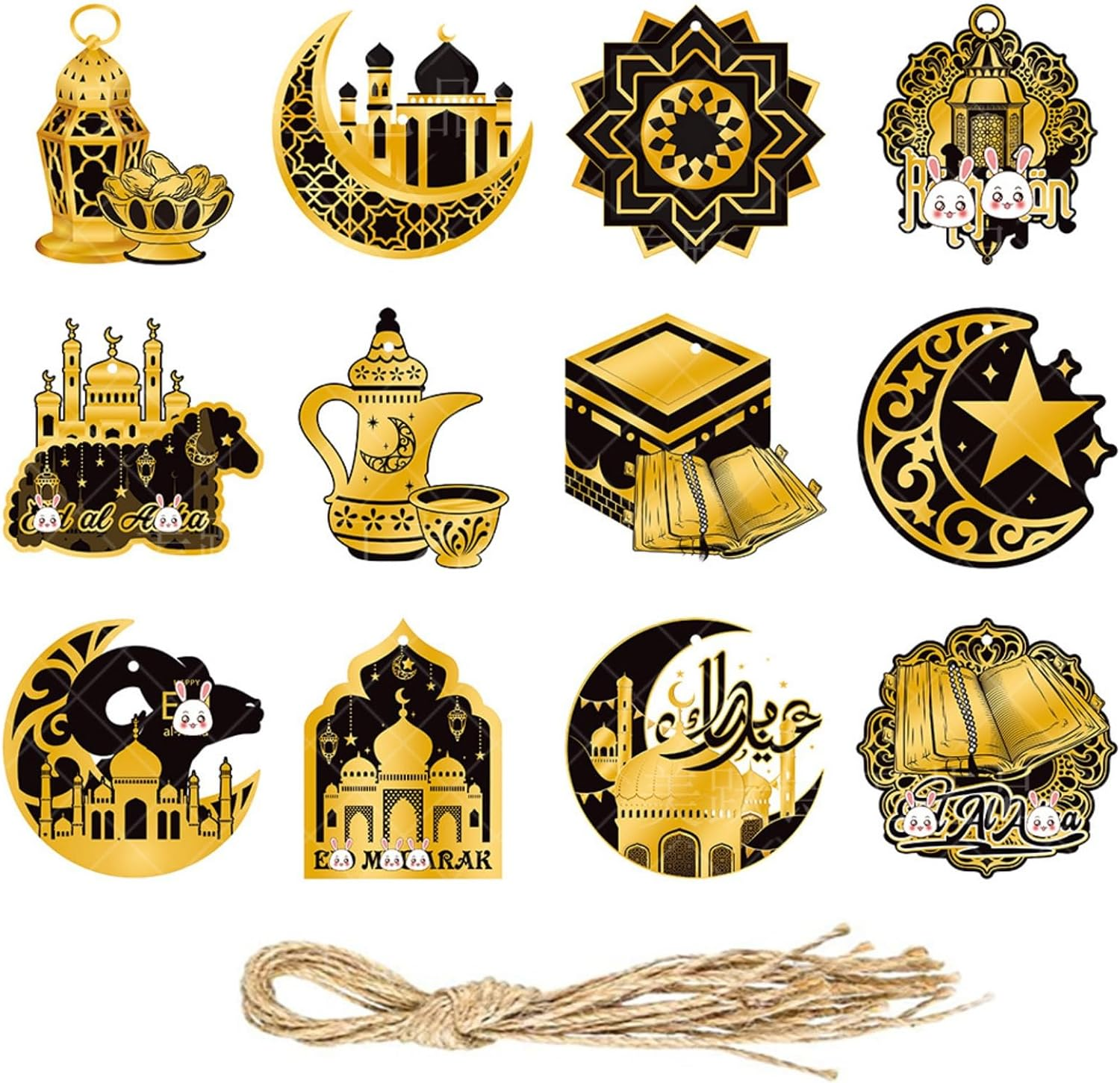 Ramadan Mubarak Garland - Eid Decorations, Hanging Ornaments with Shining Black Gold Star Moon Lantern for Home Decor, Kareem, Al-Fitr Party Supplies image number 1