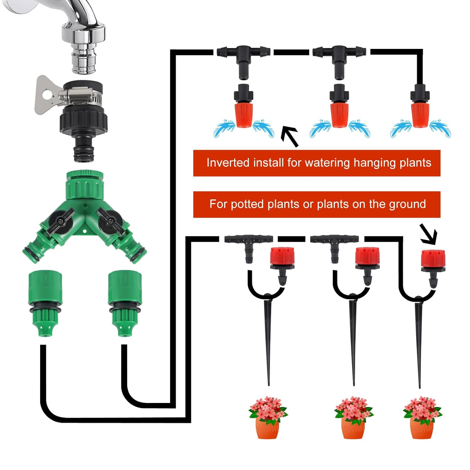 164FT/50M Drip Irrigation System, Micro Garden Drip Irrigation System with 1/4 Inch Tubing & Adjustable Misting Nozzle Sprinkler, Automatic Watering System for Greenhouse, Yard, Lawn, Plant image number 4