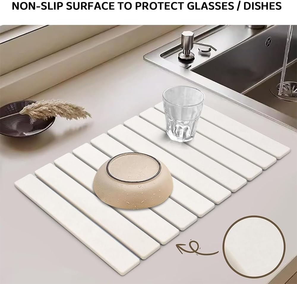 Diatomaceous Earth Dish Drying Mat &ndash; Waterproof & Non-Slip, Foldable Drying Pad for Dishes & Cups &ndash; 60 X 39Cm (White, Large) image number 2