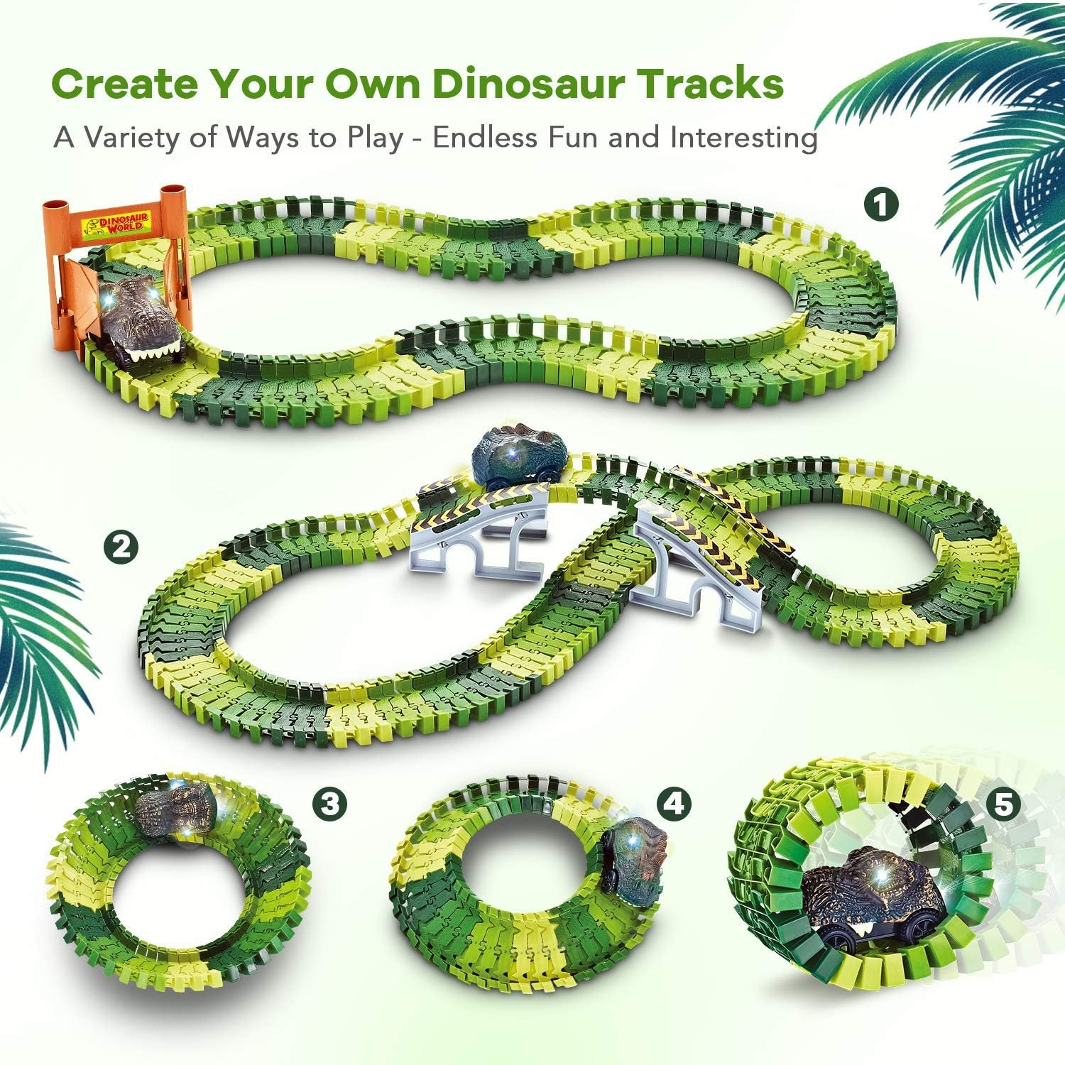 Dinosaur Toys,Dinosaur Train,Race Car Track, Create a Dinosaur World Road Race,Flexible Track Playset and 2 Pcs Cool Dinosaur Cars for Kids 3-5 Best Gift image number 1