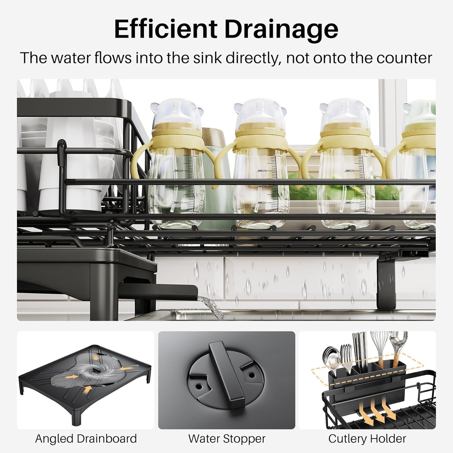 Dish Drying Rack, Extendable Dish Rack, Large Sink Drying Dish Drainer for Kitchen Counter, Carbon Steel Dish Strainer with Utensil Holder,Black image number 6