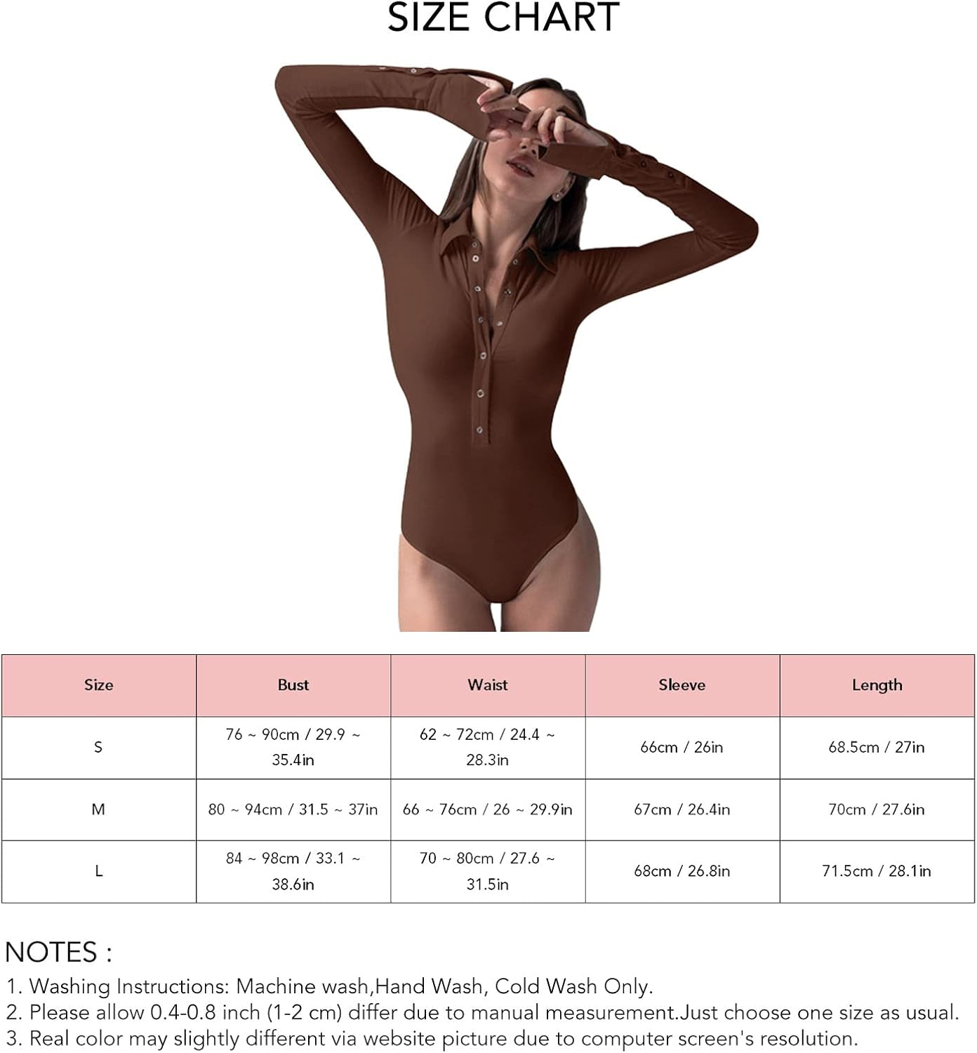 Slim Women Long Sleeve Bodysuit with Lapel V Neck, Snap Buttons Onesie for Club Party Look (Coffee) image number 4
