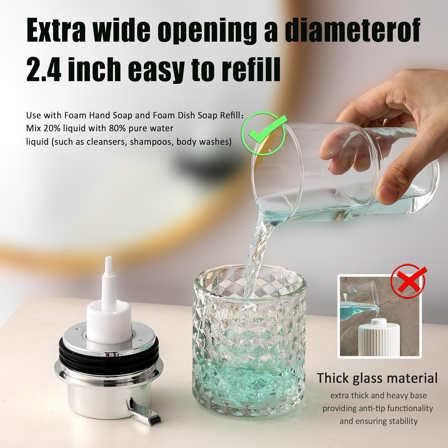 Elegant Diamond Glass Foaming Soap Dispenser,One-Touch Lather, Effortless Clean,Bathroom & Kitchen Refillable Clear Glass Liquid Soap Dispenser image number 6