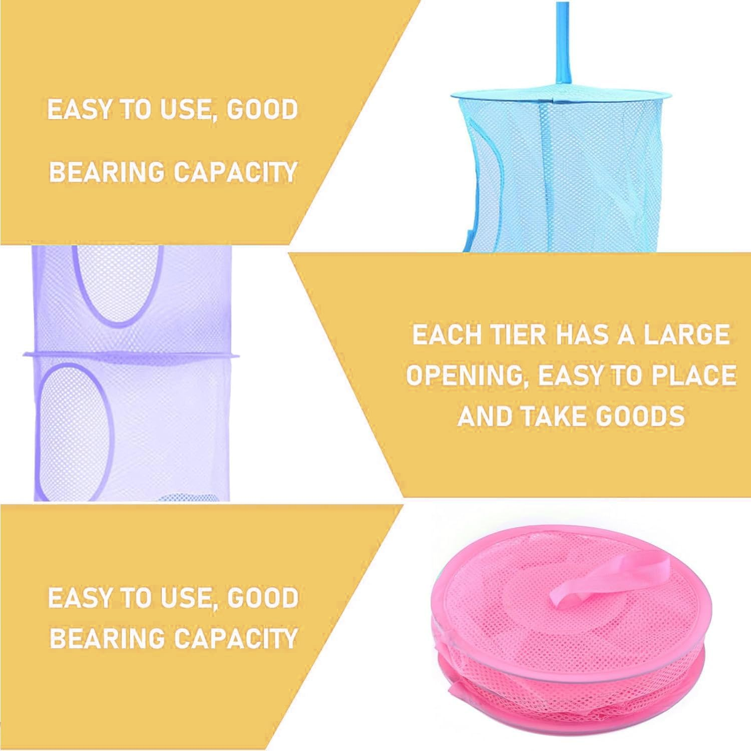 IONPSHG 3 Pack Hanging Mesh Space Saver Storage Bag 3 Tier Foldable Compartments Mesh Hanging Storage Organizer Large Capacity Toy Organizer Basket for Toys Small Clothes Home Bedroom Bathroom image number 1