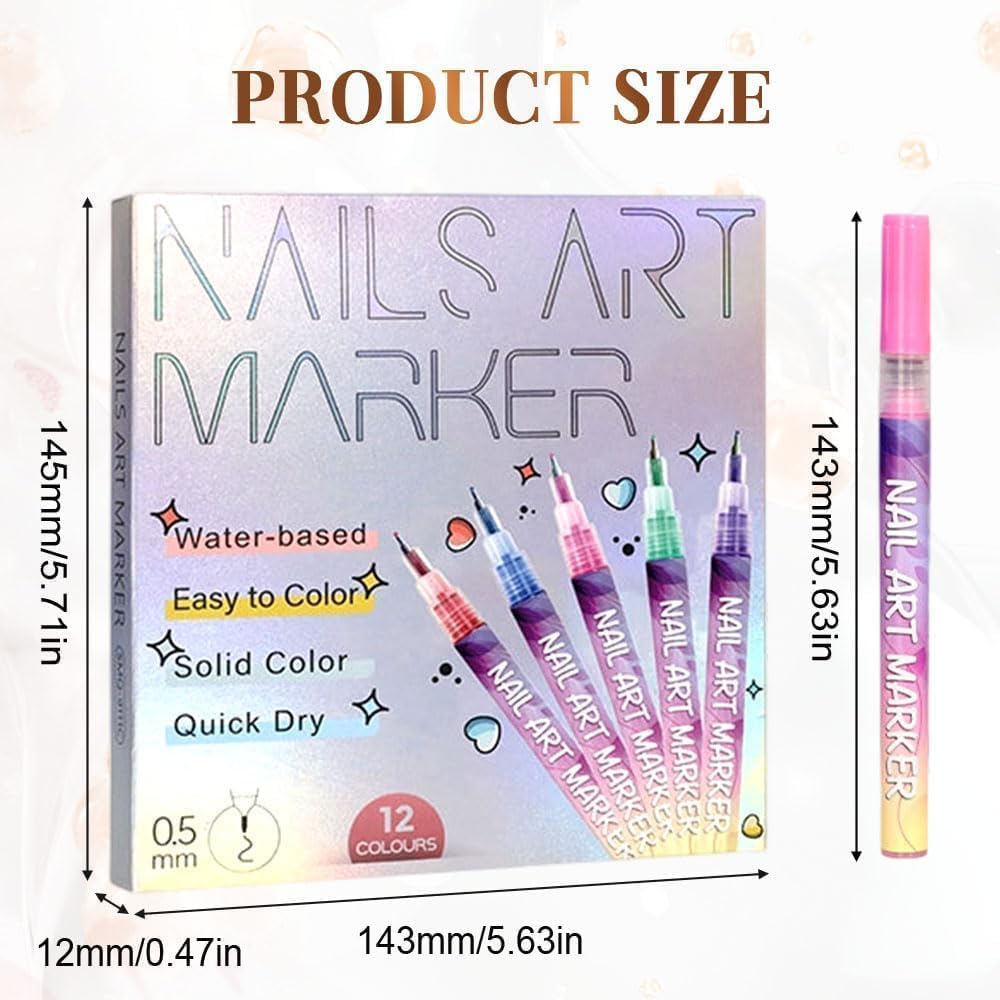 12 Colors Nail Art Pens Set,Entiretotal 12 Colors Nail Art Pens Set, Nail Art Markers Fine Tip, Quick Dry Nail Pens, Drawing Painting Liner Pen 3D Nail Polish Pens Quickly Dry Nail Art Nail DIY Decoration Afeamo image number 3