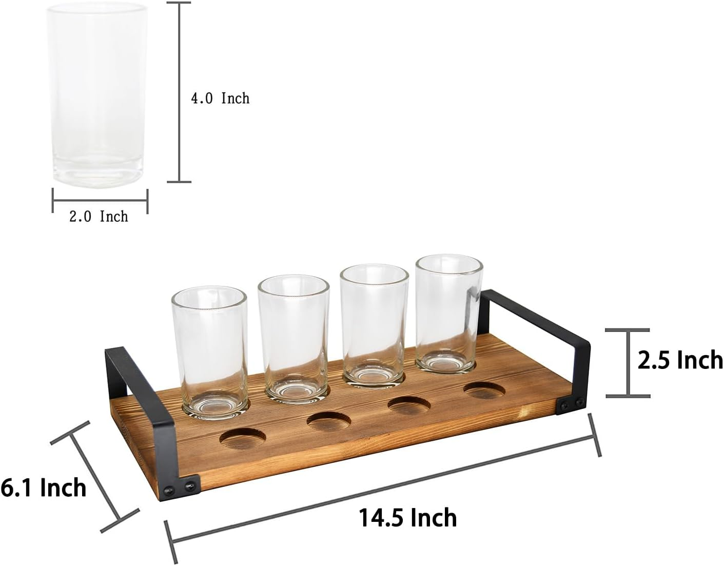 Owlgift Wood Craft Beer Flight W/Bottle Cap Storage Sampler Tray Holder Serving Set W/ 4 Glasses & Black Metal Handles &ndash; Dark Brown, Set of 2