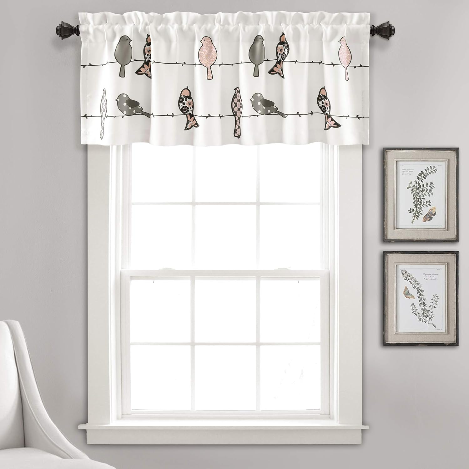 Lush Decor Rowley Birds Light Filtering Valance, Single Panel, 52" W X 18" L, Yellow & Gray - Colorful Floral Bird Pattern - Whimsical & Playful Bird Curtain - Farmhouse, Coastal, & Boho Window Decor