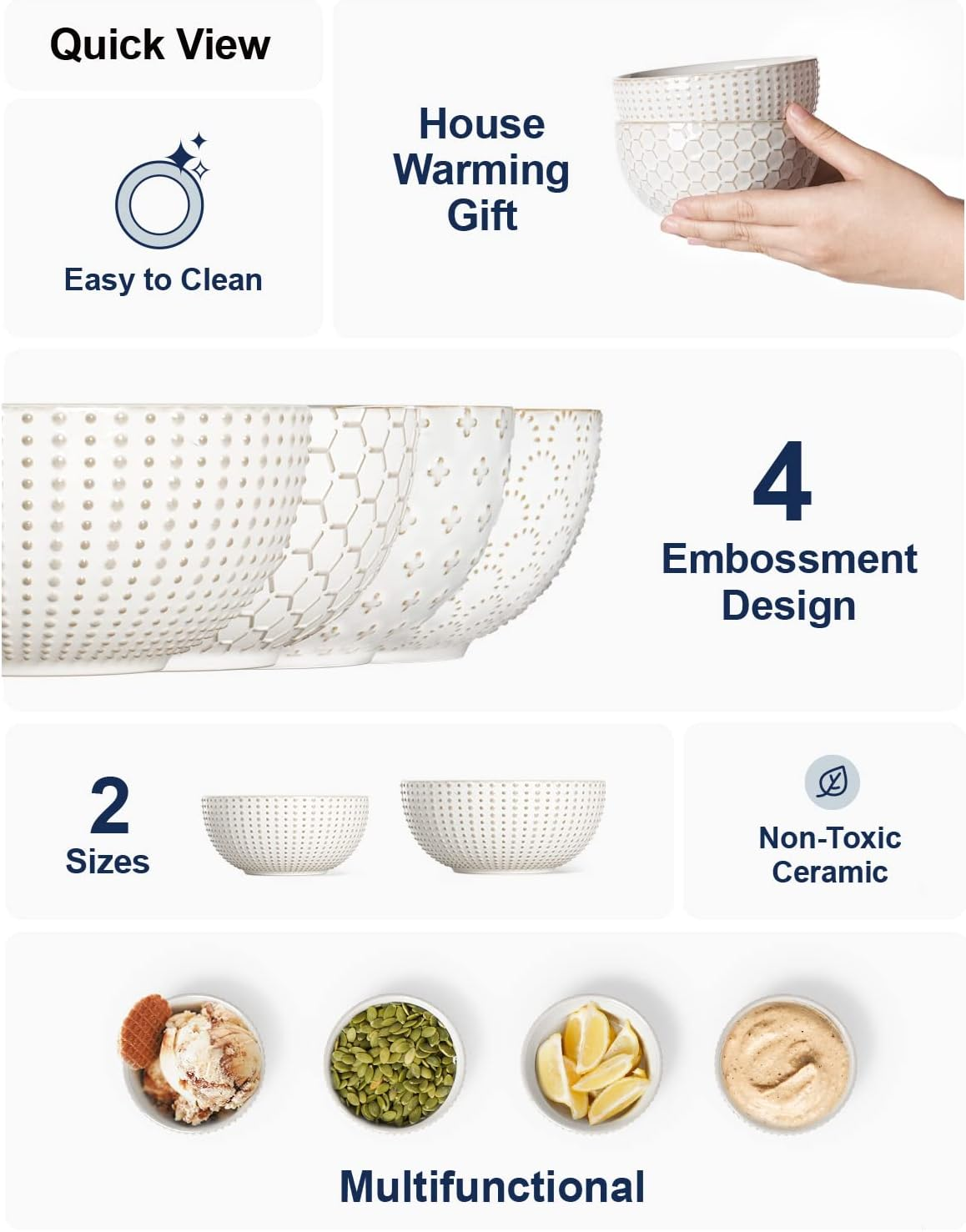 LE TAUCI Small Bowls 12 OZ, Ice Cream Bowl, Ceramic Embossment Stoneware Bowl, Bowls Set for Dessert, Fruits, Side Dishes, Suit for Housewarming - 4.5 Inch, Set of 4, Arctic White image number 3