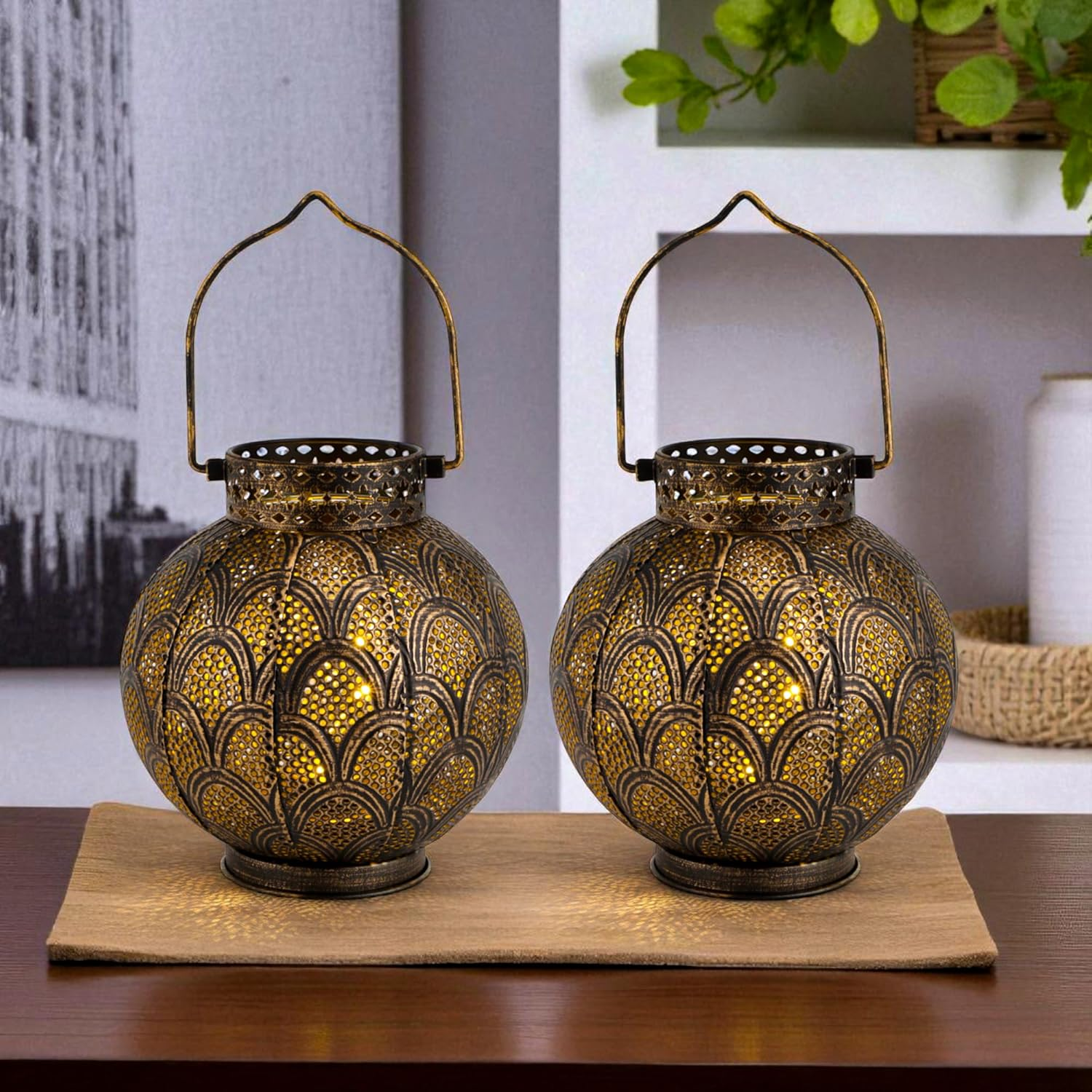 TRIROCKS Set of 2 Metal Moroccan Style Table Lamps, 7 Inch Battery Operated Cordless Lamp with LED Lights, Perfect for Home, Living Room, Parties, Indoor Table Top image number 1