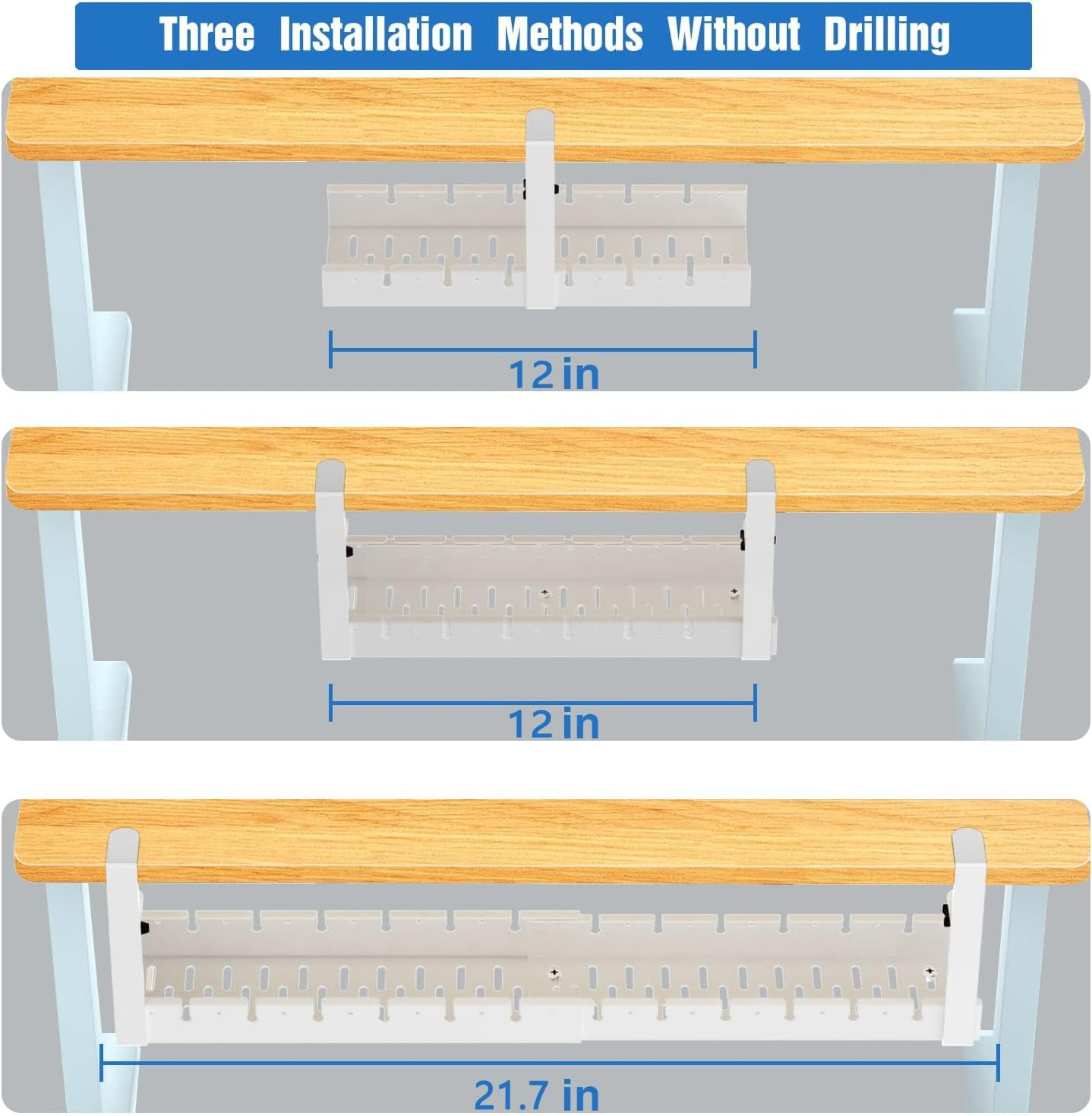 Under Desk Cable Management Tray, IGGDOQI No Drilling Extendable Cable Organizers, Wire Management Tray Cable Management Rack, Desk Cable Tray with Wire Organizer, and Desk Cord Organizer Kit (White) - Black image number 3