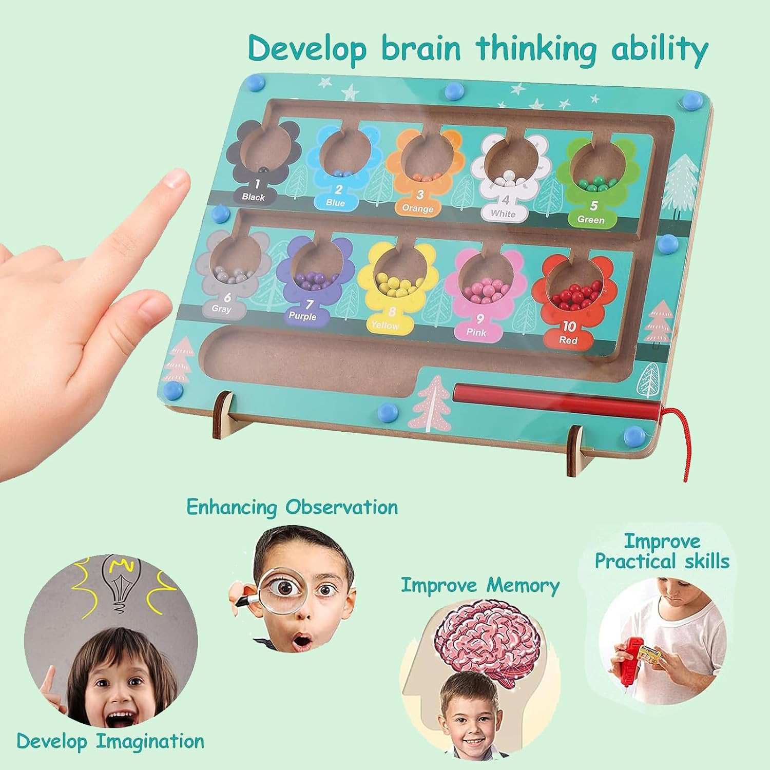 Magnetic Color and Number Maze，Montessori Wooden Magnet Board Puzzles Toddler Activities Counting Matching Games，Fine Motor Skills Preschool Learning Education Toys for Boys Girls (Flower) image number 3