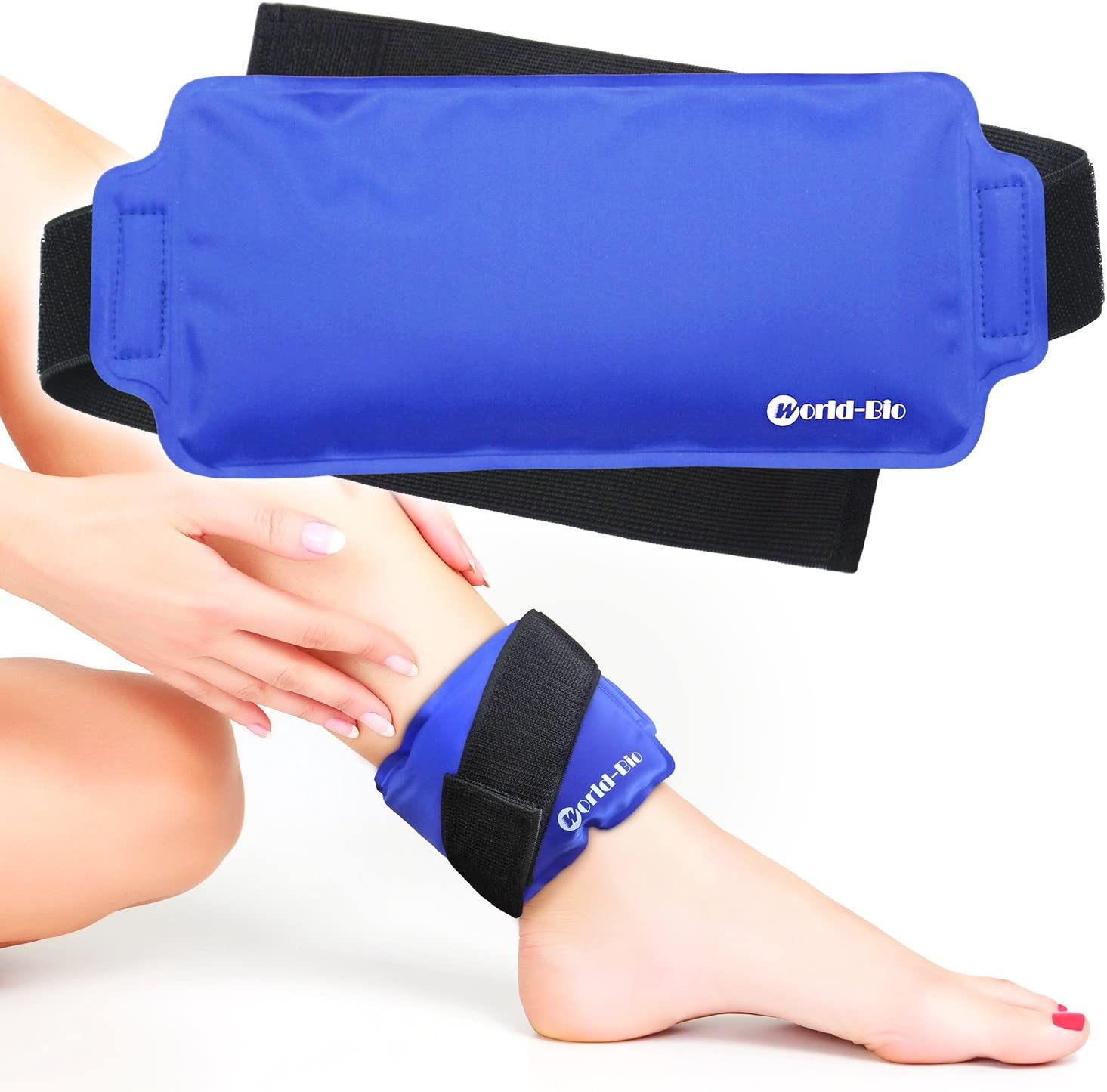 WORLD-BIO Gel Ice Pack for Injuries, Reusable Ice Pack with Strap for Achilles Tendon Wrist Ankle Knee Arm Neck, Cooling Hot Cold Pack Therapy for Swelling, Plantar Fasciitis & Bruising image number 1