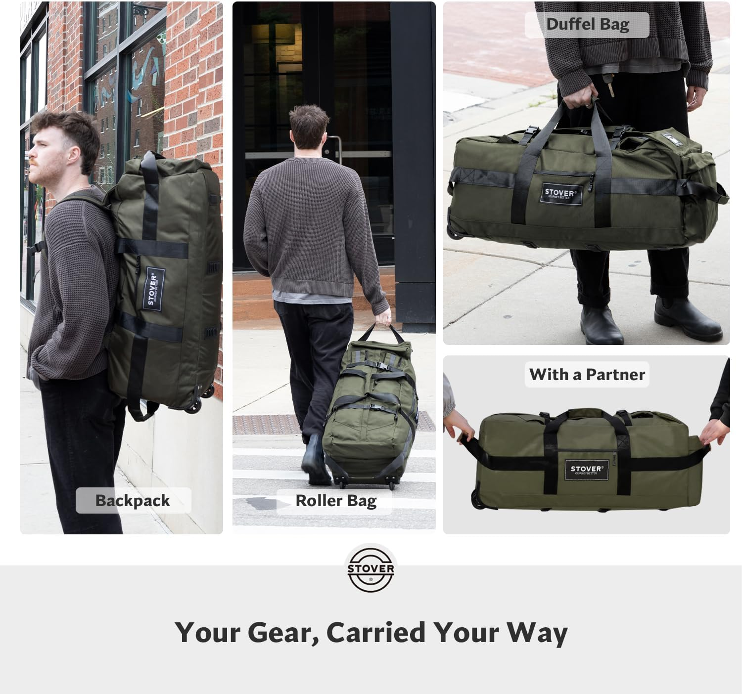 STOVER 100L Rolling Duffel Bag with Wheels, X-Large Durable Travel Duffle + Toiletry Bag, Heavy Duty, Packable with Shoulder Straps- Use as Luggage or Backpack, Men/Women (Green) image number 3