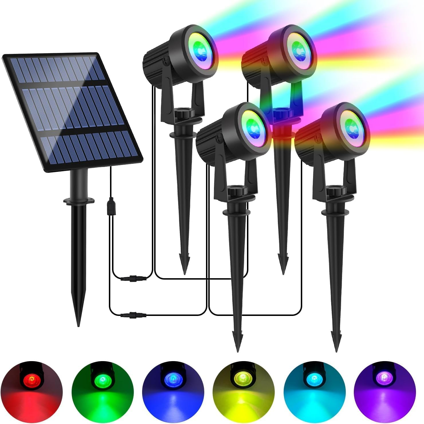 T-Sun RGB Solar Spotlights,Garden Solar Spot Lights Outdoor,6-In-1,Ip65 Waterproof,Multi-Colors,6 Color Changing & Fixed Color,For Yard Driveway Pool Area Wall Tree Pathway Lawn Decoration
