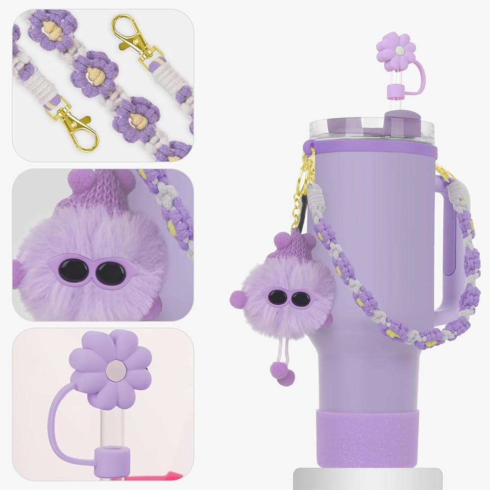 6 PCS Cup Accessories for Stanley Cup, Water Bottle Handle Strap for Stanley 30/40 Oz Tumbler with Handle, Including Straw Toppers, Silicone Cup Boot, Soot Sprite Keychain Charms - Purple image number 3