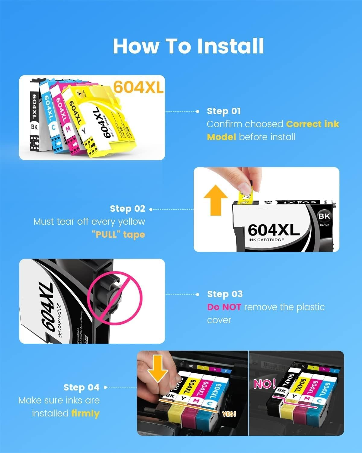 604XL Ink Cartridges Compatible with Epson Workforce Wf-2910,Wf-2930,Wf-2950(1Black+1Magenta+1Cyan+1Yellow) image number 3