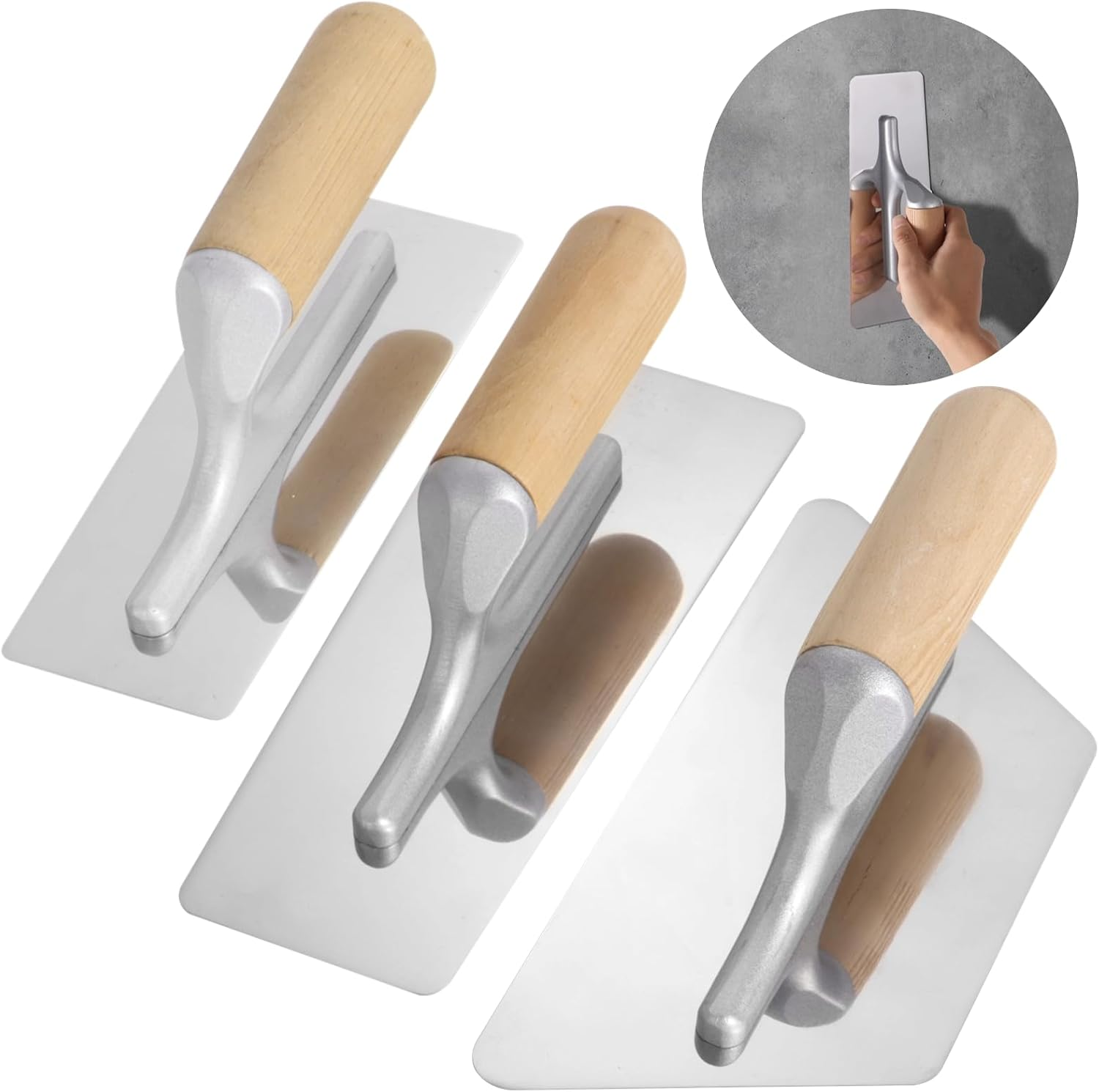 3 PCS Drywall Trowel Flat Finishing, Polished Venetian Masonry Trowel Set with Wood Handle, Stainless Steel Plastering Trowel for Sheetrock Wallboard Plasterboard image number 1