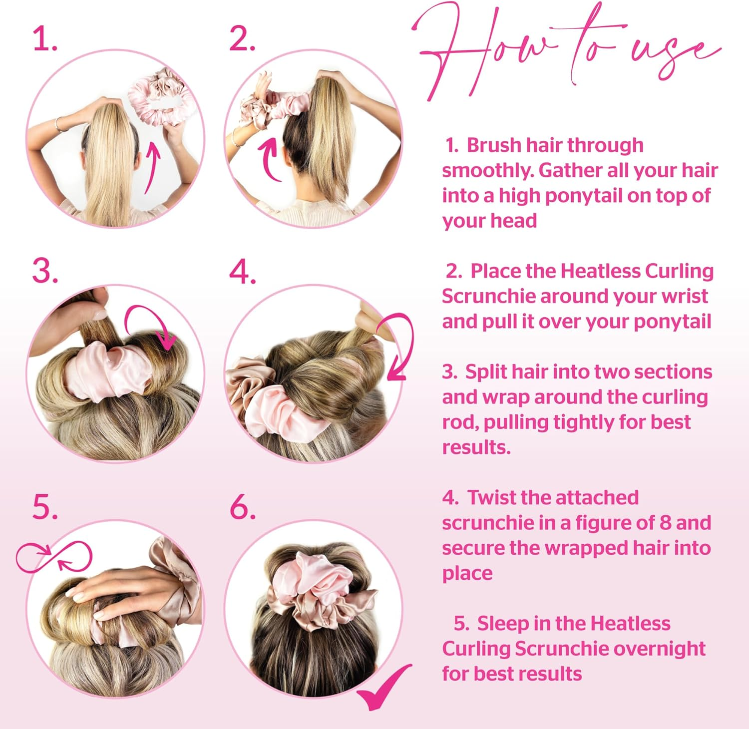 Brushworks Heatless Curling Hair Scrunchie (Pink) - Satin Sleep Curler for Damage-Free Curls & Waves, Overnight Styling, Frizz-Free, Easy to Use, No Heat Damage, Vegan Friendly image number 3