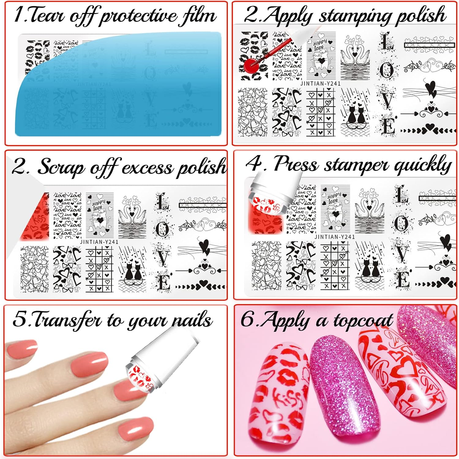 6PCS Valentine Nail Stamping Plates Kit with 1PCS Stamper & Scraper, Heart Nail Art Stamp Templates with Heart Lips Diamond Love Design for DIY Valentine'S Day Nail Decoration image number 4