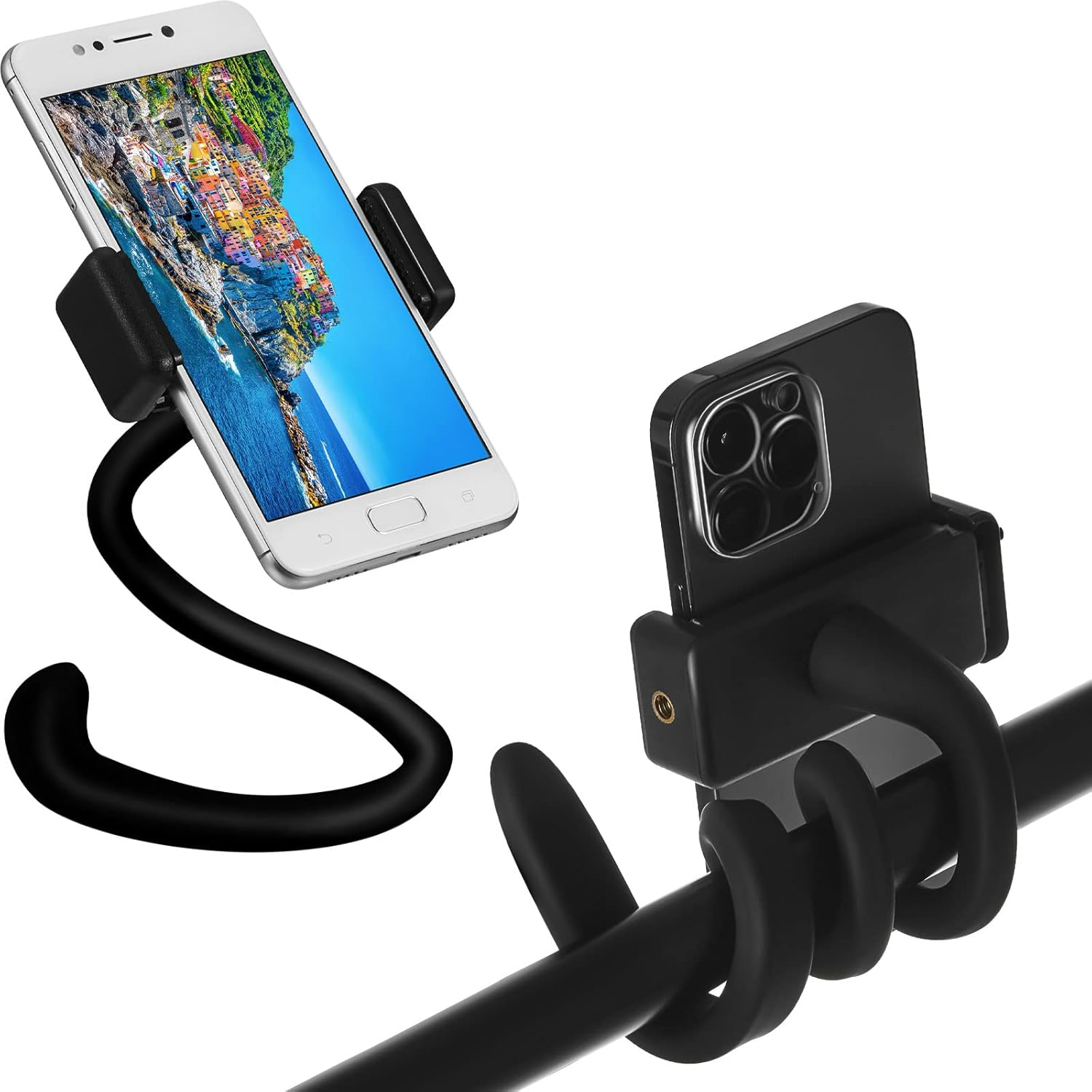 Amylove 2 Pcs Stroller Phone Holder Portable Cell Phone Holder Stand Universal Stroller Accessories for Parent Baby Toddler Cellphone Clamp with Non Slip Silicone Arm Grip(Black,Novel) image number 1