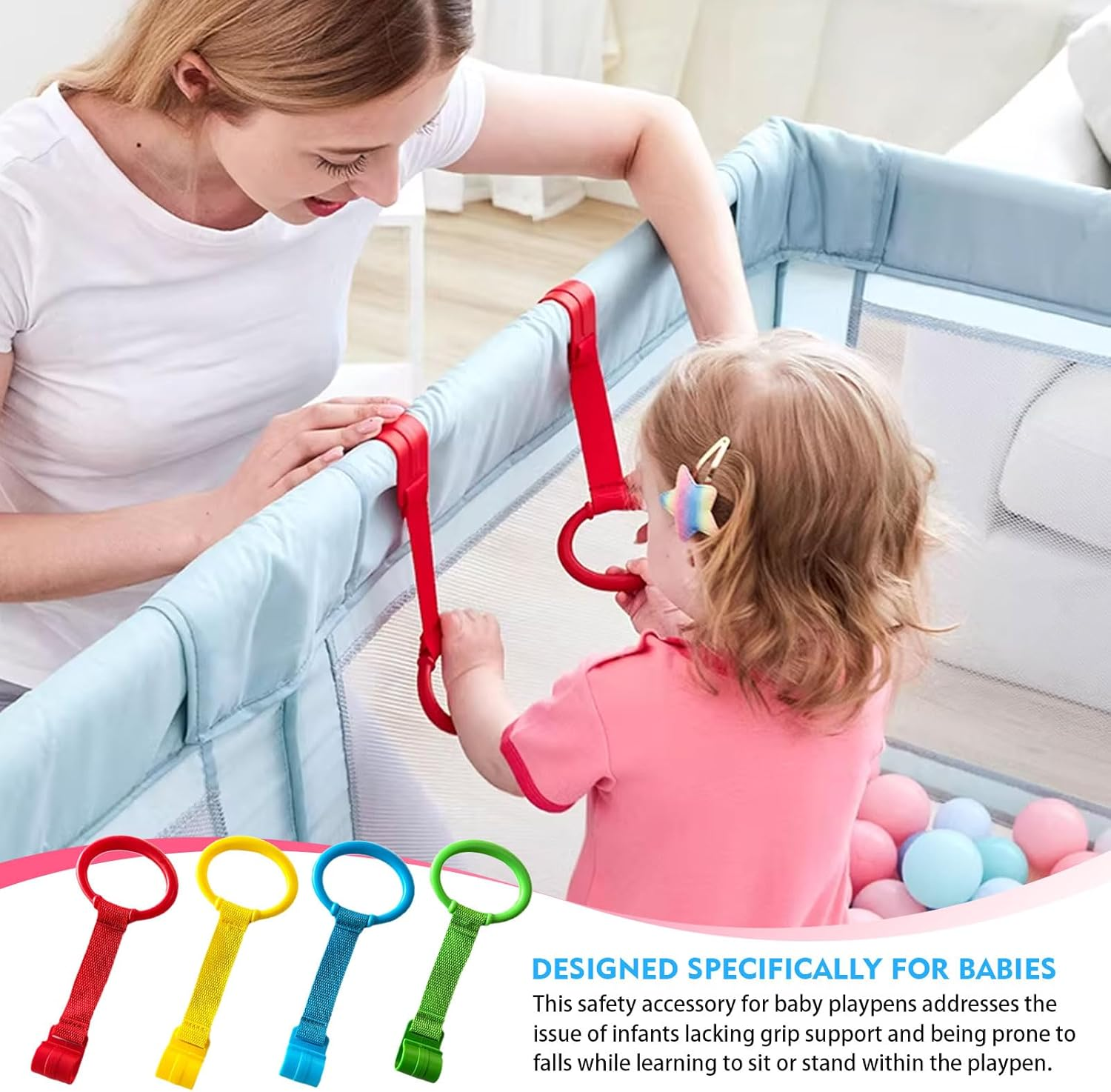 8 Pcs Baby Pull up Rings for Playpen and Crib, Toddler Stand-Up Assistant and Walking Exercise Tool, Durable Hanging Rings to Enhance Infant Development to Walk in Multiple Colour Options