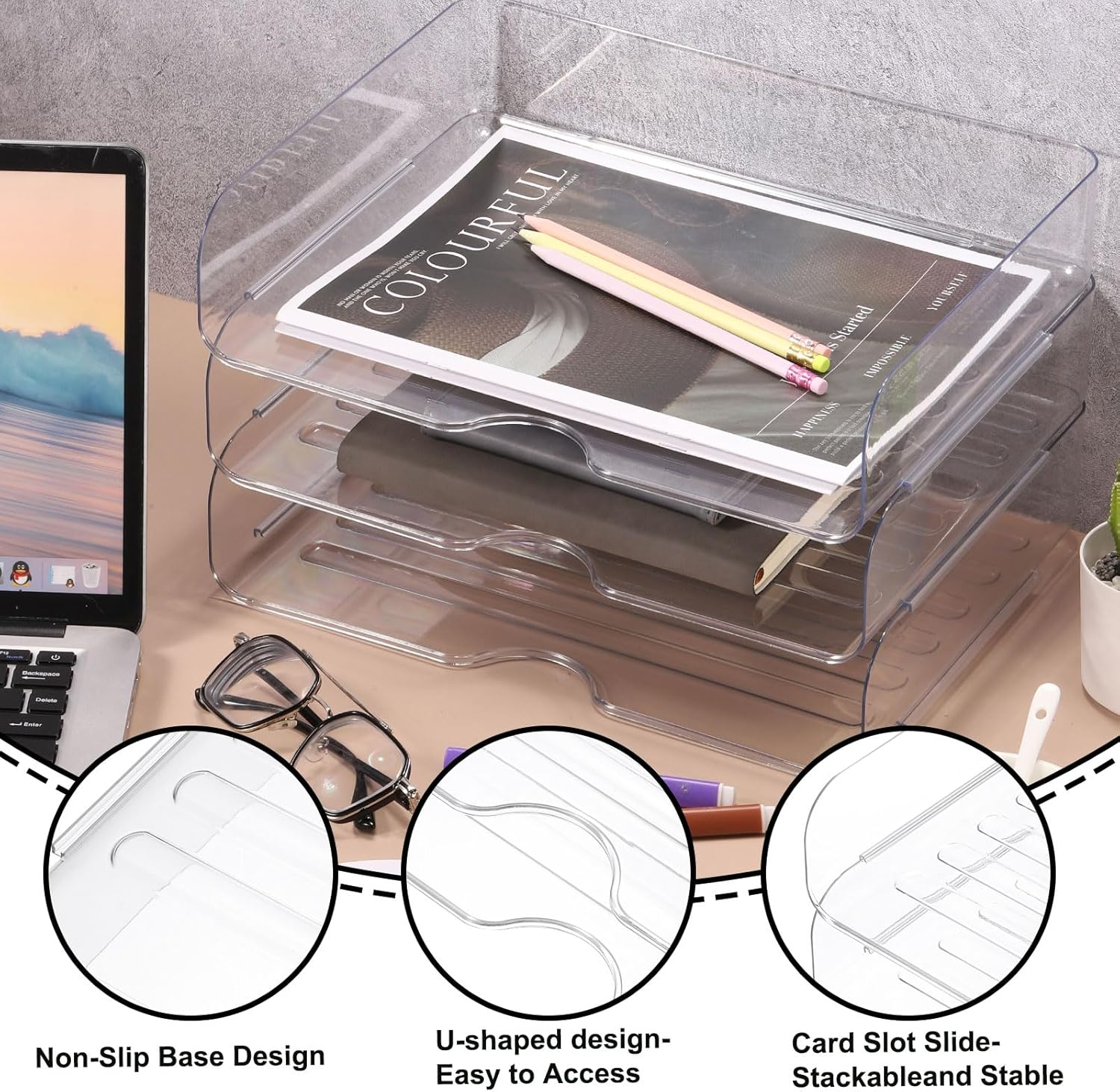 Uxcell 13"X9.8"X2.9" Stackable Letter Tray, 2-Tier Paper Organizer Rectangular Plastic Desk Organizer Accessories File Holder for Office Desk Drawers Paper Storage, Clear image number 4
