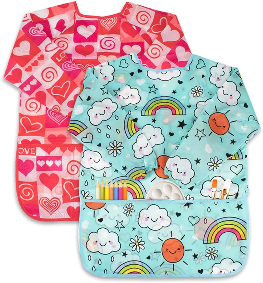 Kids Art Smocks 2 Pack Painting Smock with Long Sleeve and 3 Pockets for Age 3-8, Cloud, Large
