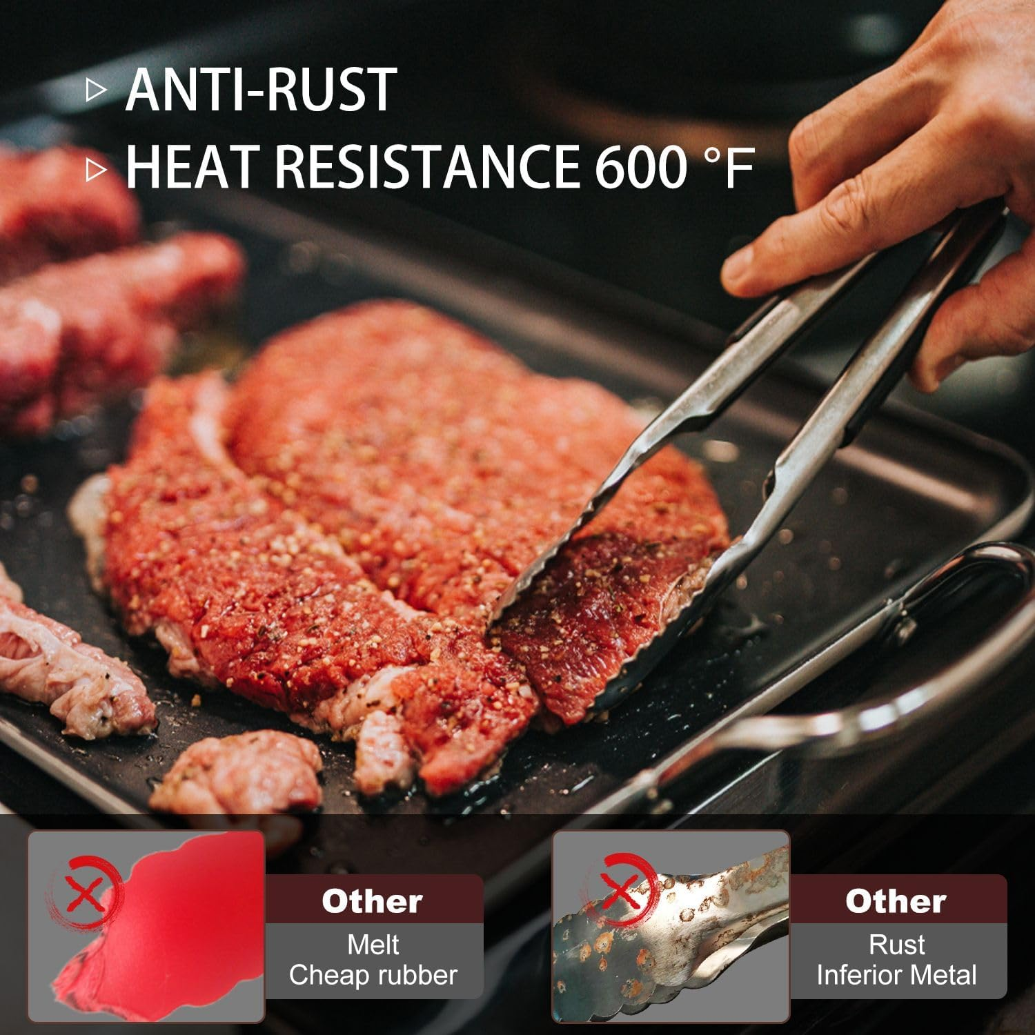 Kitchen Tongs - 9 Inch Heavy Duty Food Tongs, Ergonomic Grip Superior Stainless Steel and Non-Slip Heat Resistant Handle - Perfect for Cooking, Salad, Grilling, Barbecue,Dishwasher Safe