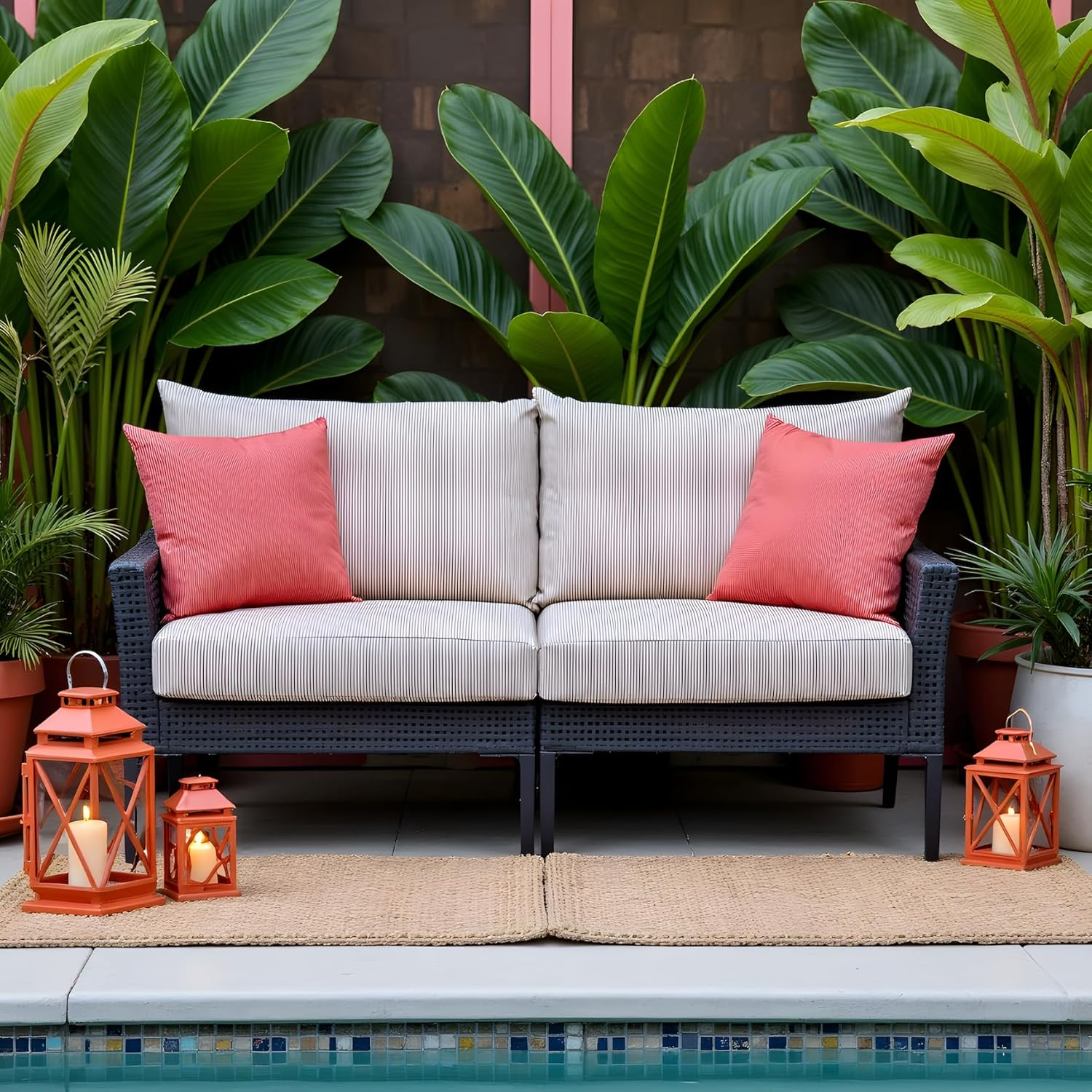 Rockin Cushions Outdoor Slip Covers | Beige Stripe | Compatible with IKEA Arholma Kuddarna Cushions | Includes 2 Arholma Pillow Covers and 2 Arholma Seat Covers - Set of 4 image number 1