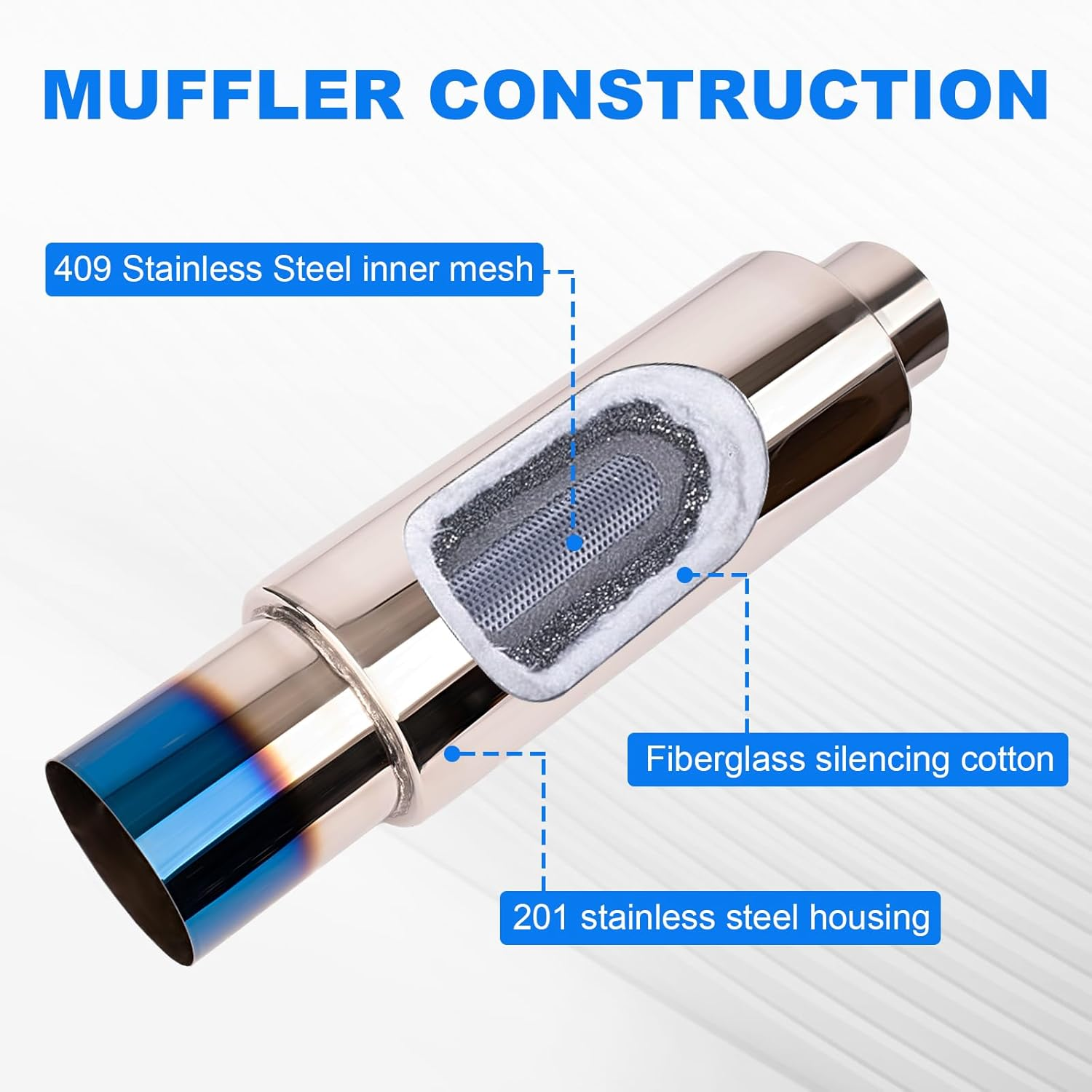 Yeoflagtrade 3.0 Inch Inlet 4.0 Inch Outlet Exhaust Muffler 3.0" to 4.0" Universal 18.5" Length Stainless Steel Polished Exhaust Tip Burnt Blue image number 7