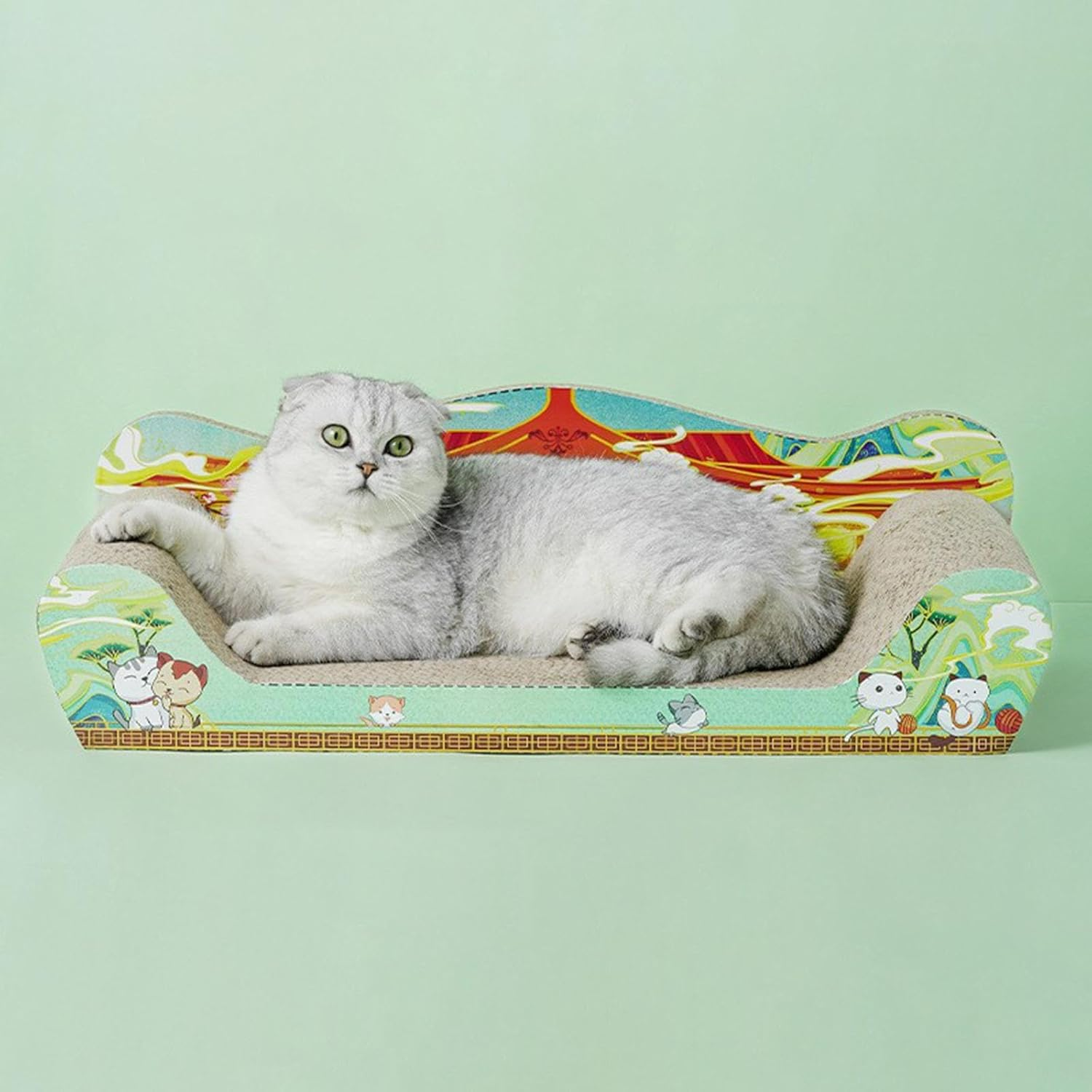 Perfk Cat Scratcher Cardboard Cat Toy Cat Scratch Bed Large Lounge Couch Cat Scratching Board Cat Sofa for Indoor Cats Kittens Play, Green 61Cmx30Cmx18Cm image number 5