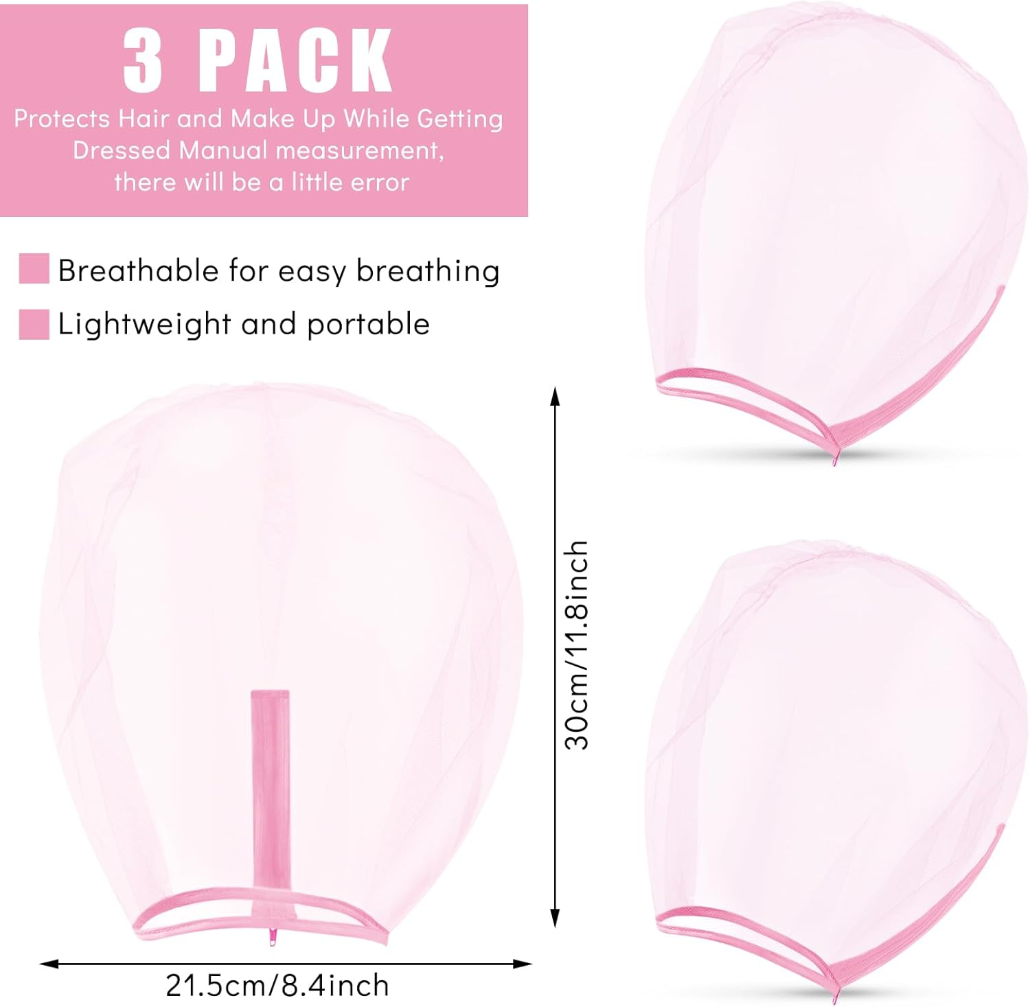 Flutesan 3 Pieces Makeup Protector Hood Protects Hair and Make up Nylon Chiffon Light Airy Makeup Hood Zipper Closure Face Cover Washable Hair Net Face Mask Cover for Women Beauty Weddings(Pink)