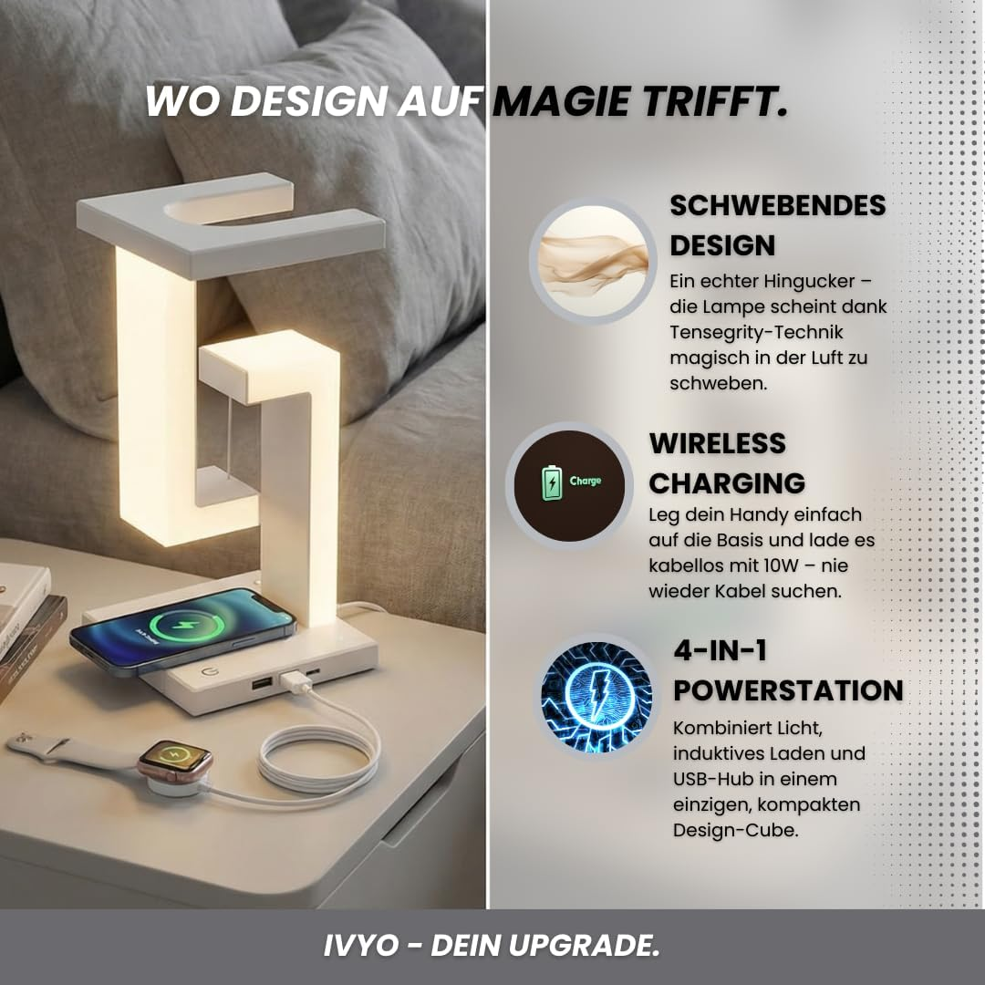 Ivyo Bedside Lamp LED Dimmable - USB & Wireless Charging - Desk Lamp & Night Light Children - LED Table Lamp Modern for Decoration Living Room - Reading Lamp Touch Function I Lamp Room Decorative image number 4