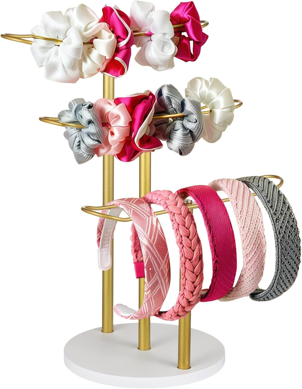 YOFAPA Metal Headband Holder Organiser, Metal Head Holder Manager, Three Layer Hair Holder, Hair Clip, Bracelet, Hair Holder with Gold Frame, White round Base image number 4