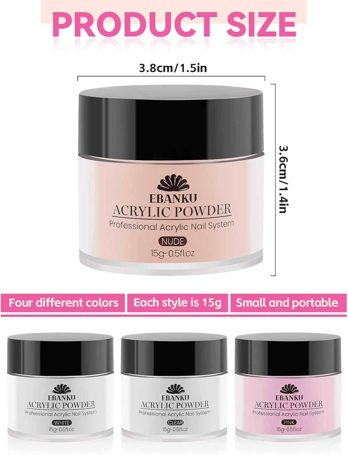 EBANKU Acrylic Powder Set, 4 Colors Acrylic Nail Powder Professional Acrylic Powder for Nail Acrylic Extension, Nail Carving, Long-Lasting, No Nail Lamp Needed image number 2