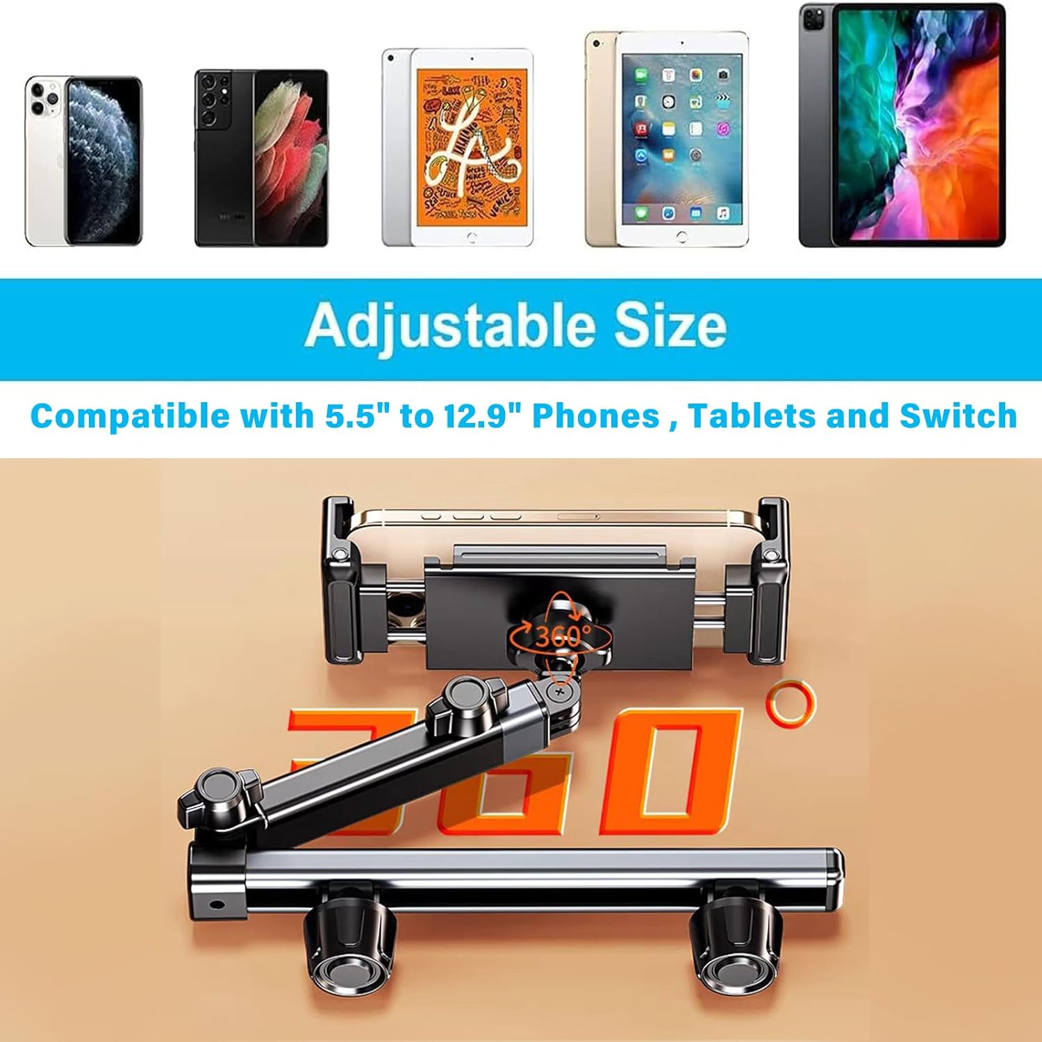 Car Headrest Tablet Holder, 3 In1 Stretchable Ipad Iphone Mount for Car Backseat, Universal 360&deg; Rotating Car Back Seat Stand Cradle Compatible (2-Fold) image number 2