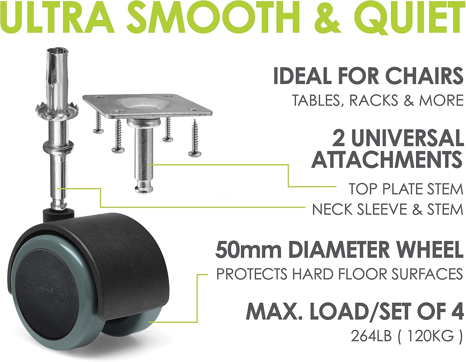 Slipstick CB681 2 Inch Floor Protector Rubber Caster Wheels (Set of 4) 5/16 Inch Stem or Top Plate Mounting Options - Black/Gray image number 4