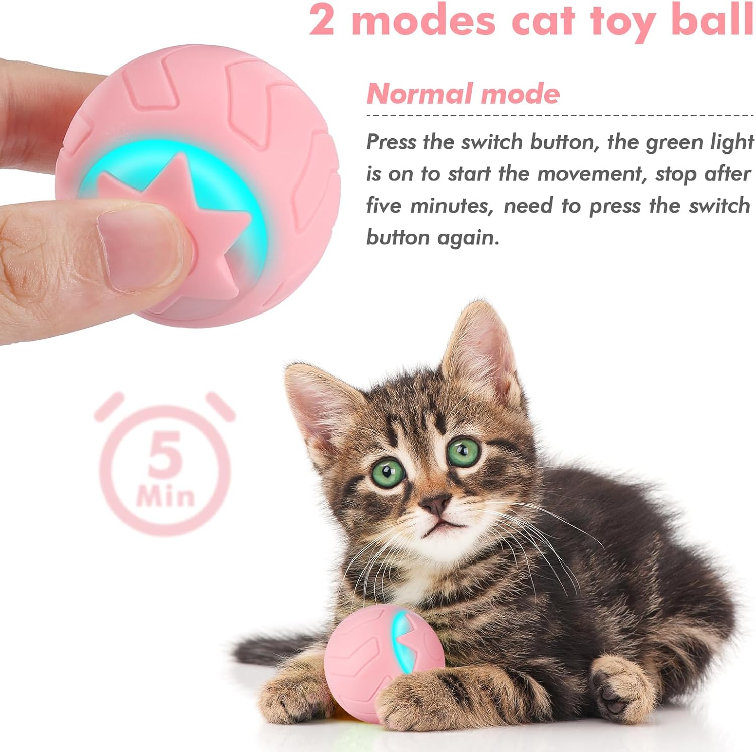 JIZZU Electric Cat Ball, Rolling Ball Interactive Cat Toy with LED Light, Pack of 4 Cat Toy, Intelligent Cat Ball, 360&deg; Self-Rotating Toy, Spiral Springs, Pink image number 3