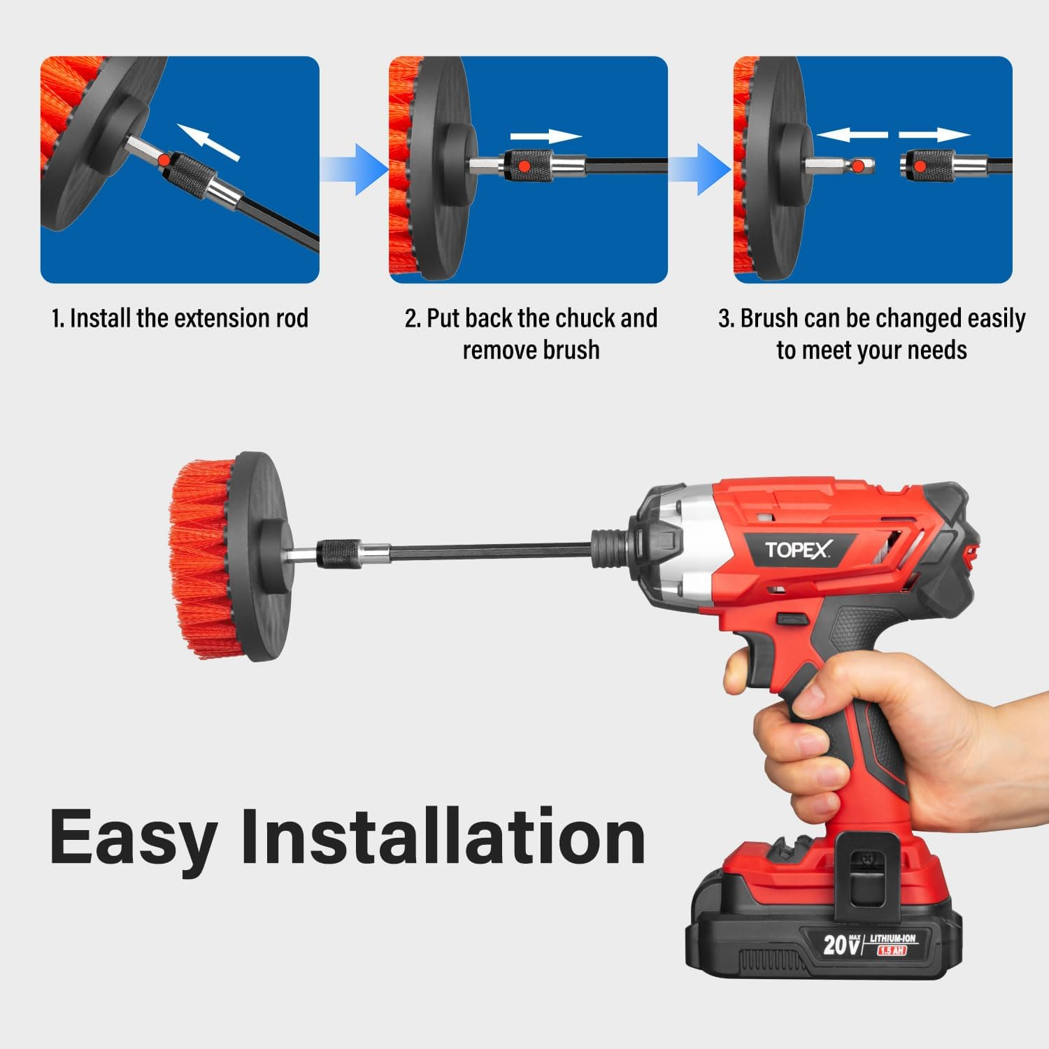 TOPEX 14-Piece Drill Brush Attachment Kit, 2-In-1 Clean & Polish Power Scrubber Set for Scrubbing- Multi Surface Use on Household, Auto Detailing with Assorted Brushes, Pads & Extension Rod image number 4