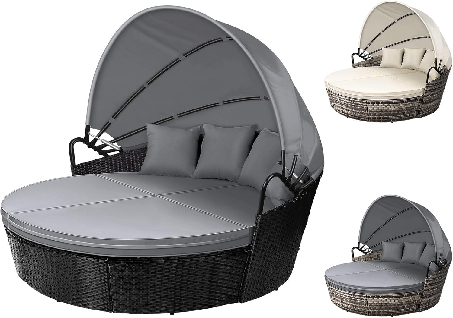 ALFORDSON Sun Bed Sofa 3Pcs with Adjustable Canopy, Wicker Outdoor Tanning Lounger with Fabric Seat Cushions & Pillows, Steel Frame Lounge Chair Furniture for Garden Pool Patio Backyard, Black Grey
