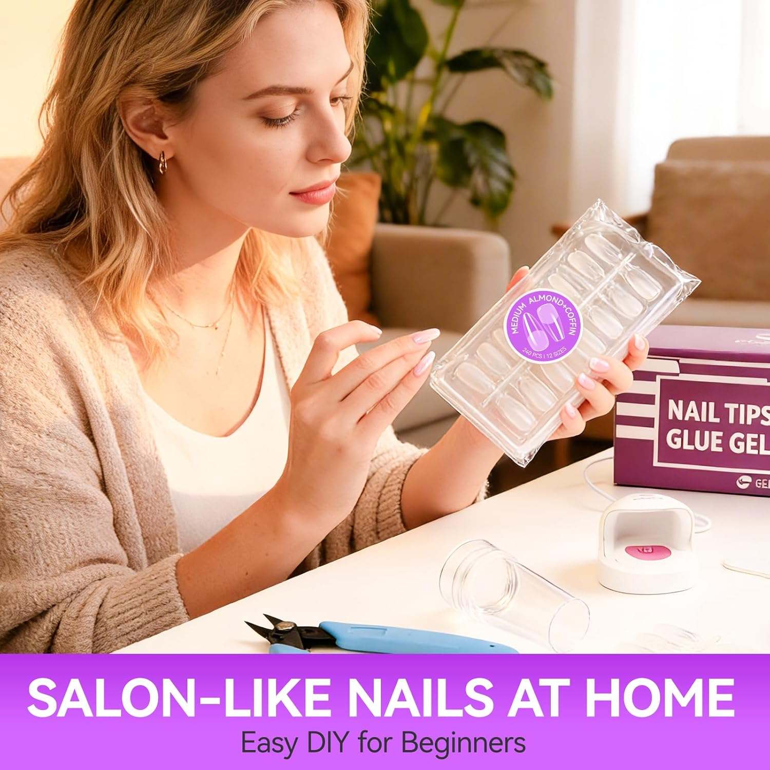 Gelike EC Soft Nail Tips and Glue Kit Uprage Version with Nail Glue, 240 Pieces Medium Almond and Medium Ballet Nail Tips, Nail Clippers, Nail File image number 5