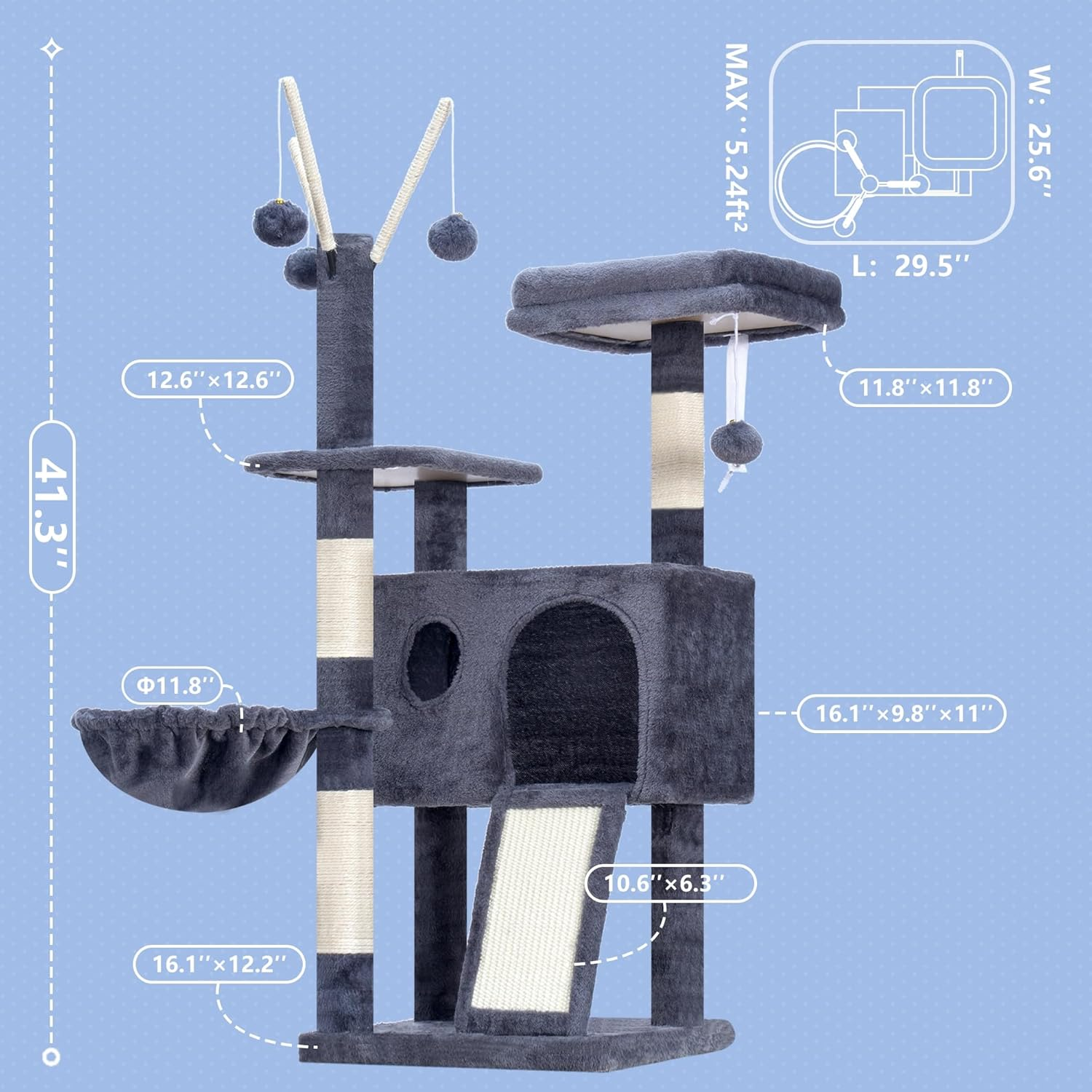 Hey-Brother Cat Tree Tower, Scratching Posts with Removable Toys, Cozy Condo, Platform, Hammock, Sisal Scratch Board and Ball for Indoor Kittens, 105 Cm, Smoky Gray MPJ008SG - Smoky Grey image number 2