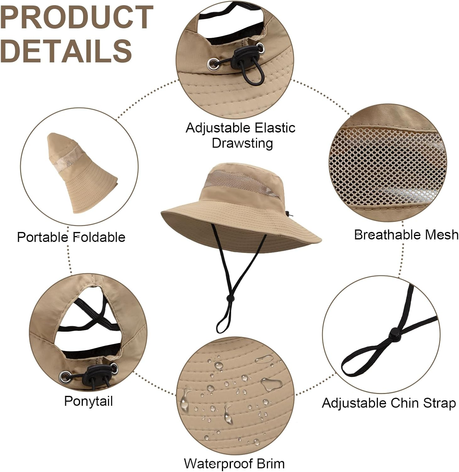 LJCZKA Wide Brim Sun Hat for Men Women,Unisex Waterproof Packable Bucket Hat with Chin Strap,Breathable Mesh Bucket Hat with Criss Cross Ponytail Hole - Khaki image number 6