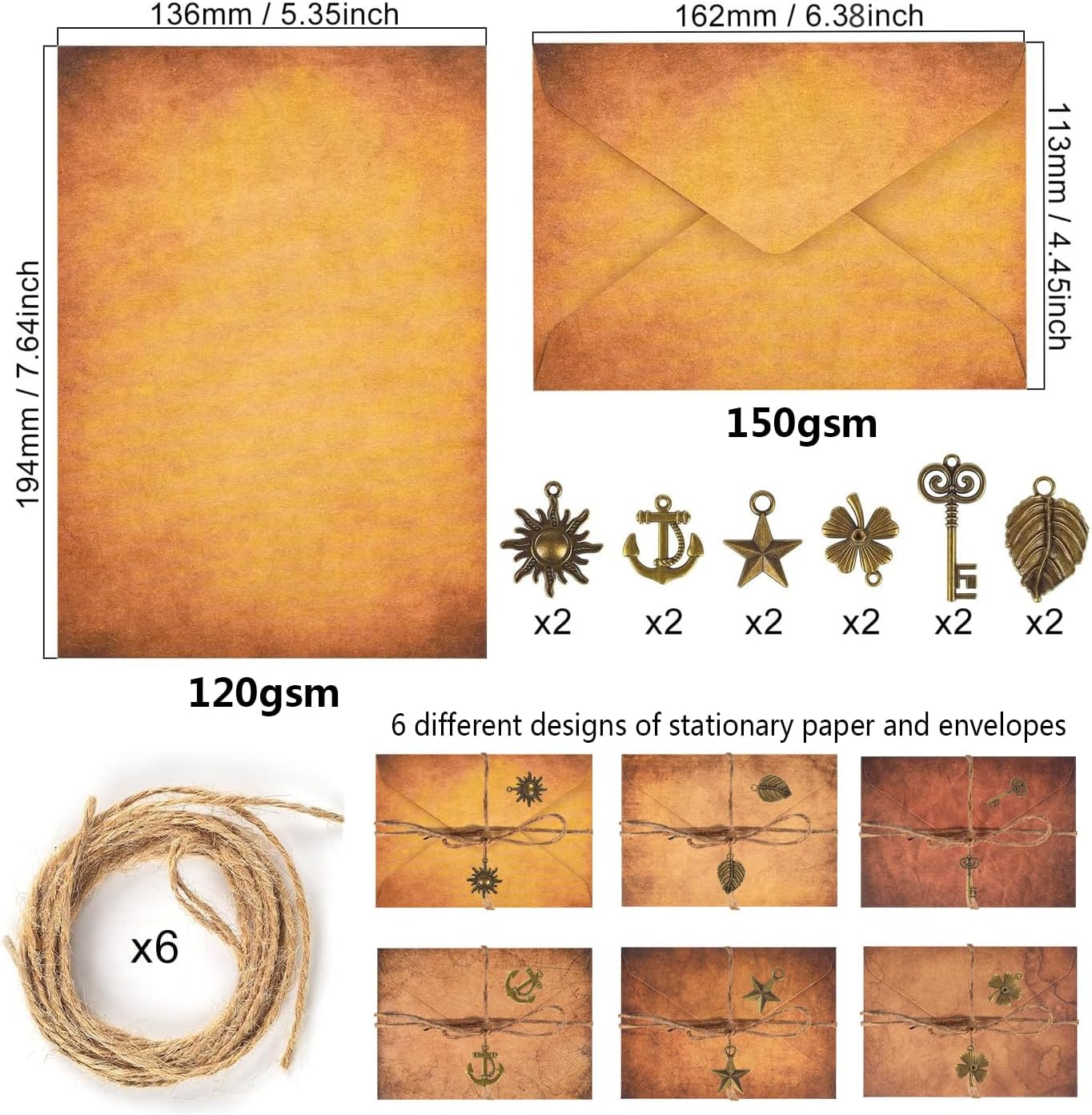 Vintage Stationery Paper and Envelopes Set - 24 Sheets Classic Aged Antique Letter Paper Stationary Set for Writing Letters Invitations with 12 Old Style Kraft Envelopes Rope Retro Accessories Pendant - 6 Style Vintage Paper image number 5