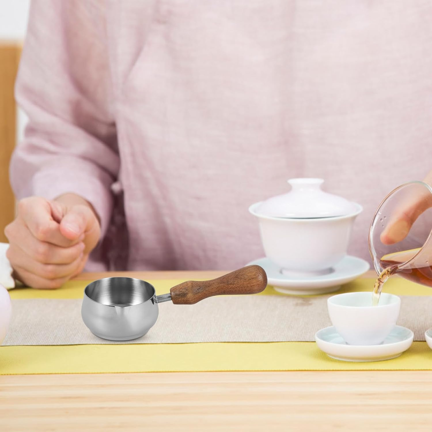 Homoyoyo Stainless Steel Milk Frothing Pitcher with Walnut Wooden Handle Small Creamer Jug for Espresso Coffee Smooth Surface Easy to Clean Stylish Small Milk Container for Home and Use image number 5