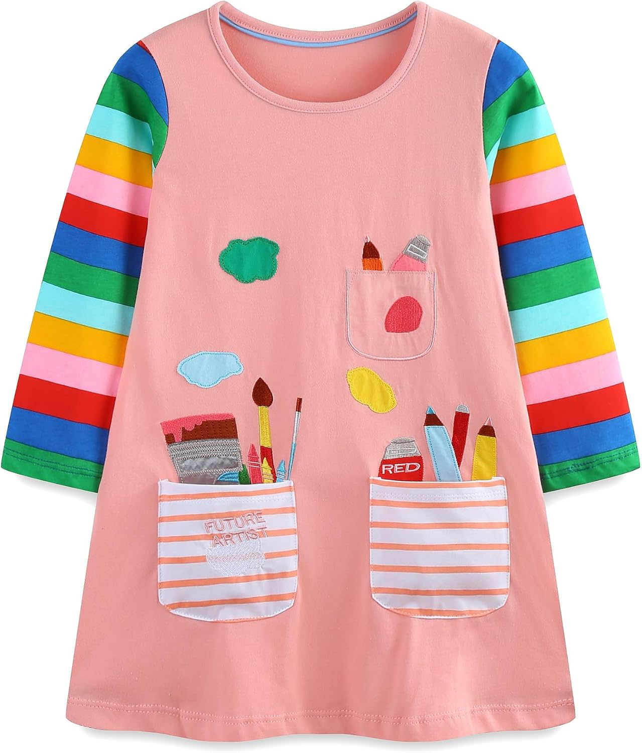 Freelu Girls' Cotton Casual Longsleeve Party Dresses Special Occasion Cartoon Print Dress image number 2