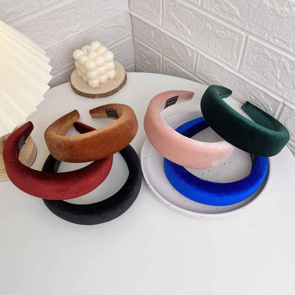 SHTGOI Headband Velvet Fabric Sponge Thick Headband Retro Style Padded Hair Band Soft Non-Slip Candy Colour Wide Headbands Outdoor Elegant Headpiece for Women and Women White image number 2