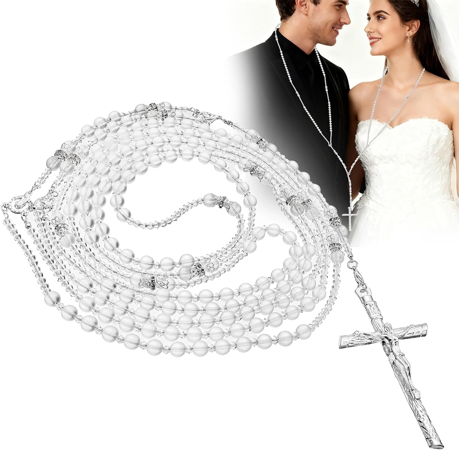 Noamus Lazo De Boda, Wedding Lasso for Ceremony, Handcrafted Lazo Para Boda Catolica, Lazos Para Bodas De Iglesia Para Novios, Crystal Bead Rosary with Unity Cross for Matrimonio (Plateado) image number 6