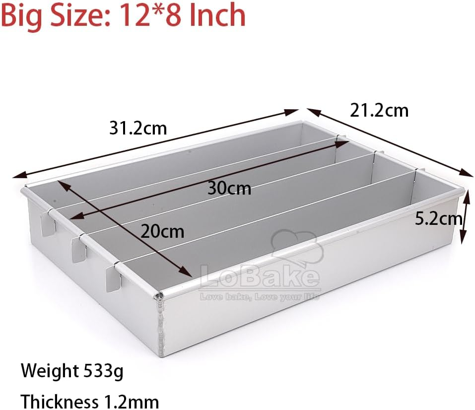 Lobake Adjustable Rectangle Shape Aluminium Alloy Battenberg Cake Mold Dessert Bread Pan Chiffon Tin with Dividers DIY Baking Supplies (Big Size 12 * 8 Inch) image number 6